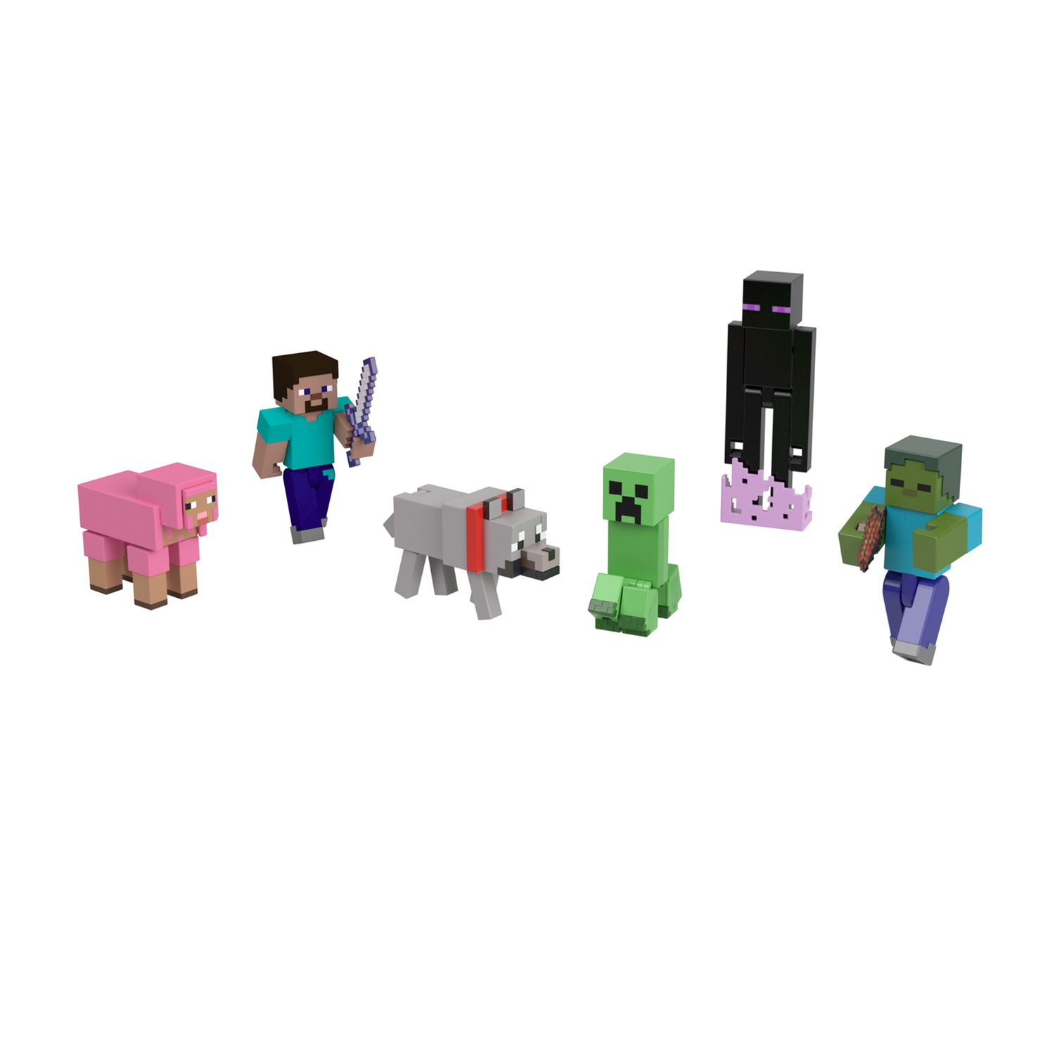 Postacie z Minecraft: Steve, owca, wilk, creeper, enderman i zombie. Wszystkie blokowe postacie na białym tle.