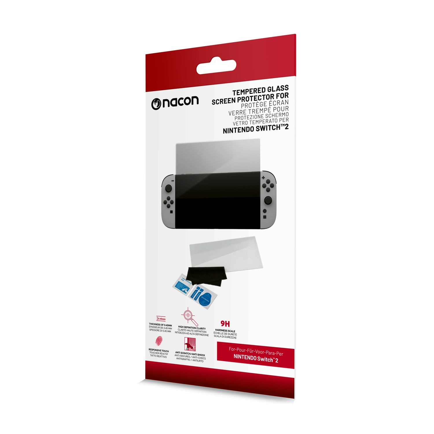 Szkło hartowane do Nintendo Switch, zapakowane w czerwono-biały karton ze zdjęciem Switcha.