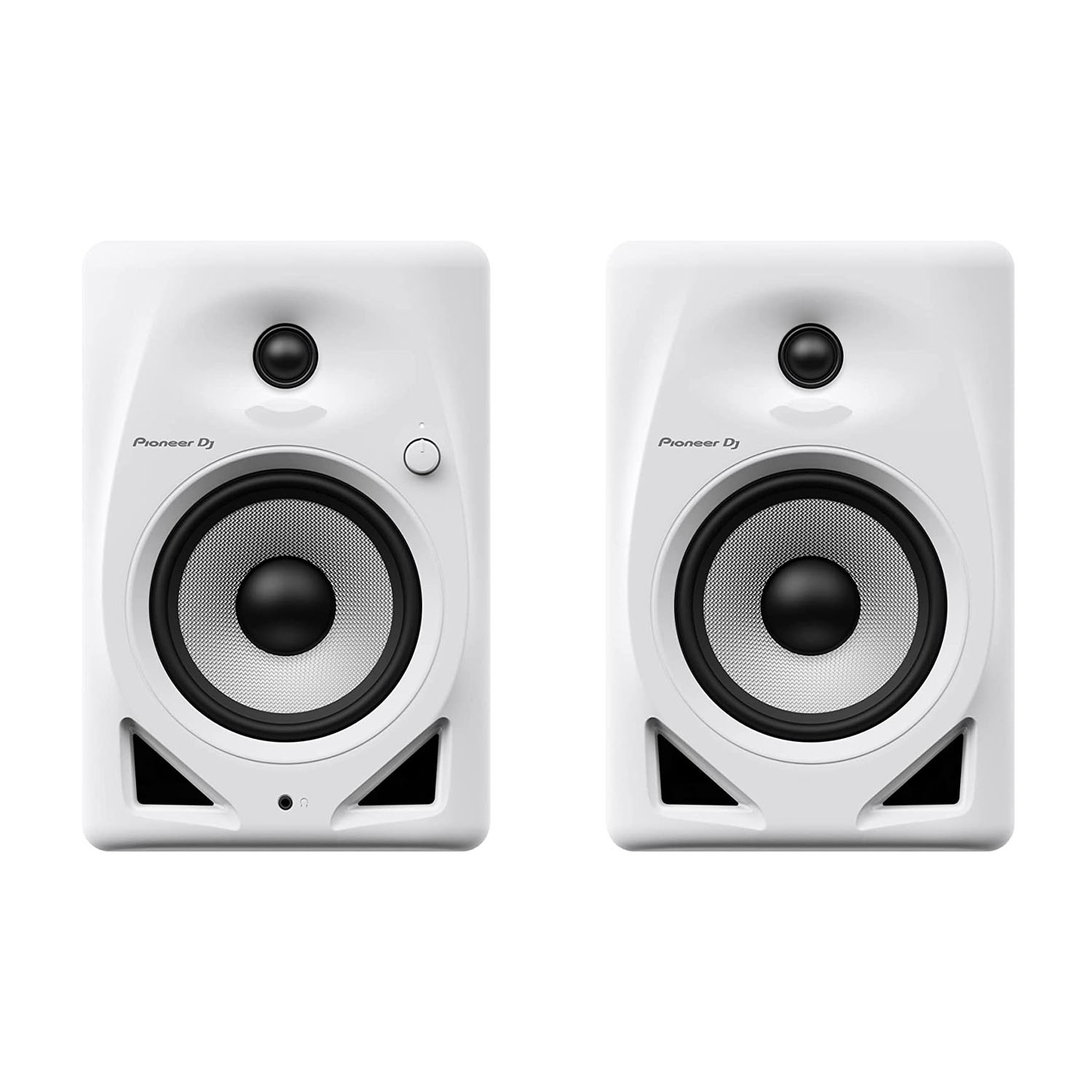 Two white Pioneer DJ speakers. Each has a black speaker cone, a volume control, and the logo. The background is white.