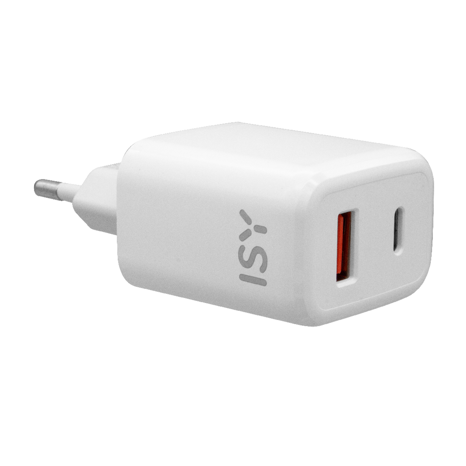 Biała ładowarka ISY z czerwonym portem USB i wtyczką. Ładowarka jest na białym tle.