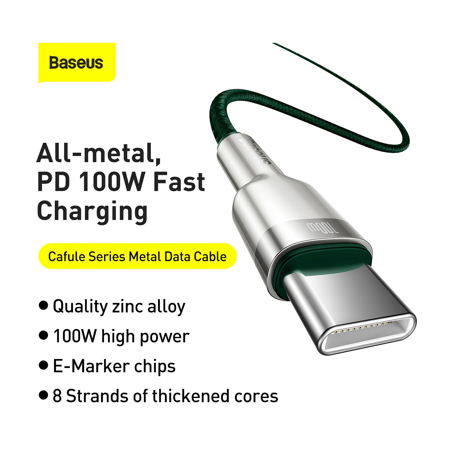 Srebrny i zielony kabel ładujący USB-C z logo Baseus i tekstem opisującym jego funkcje, w tym szybkie ładowanie 100W.