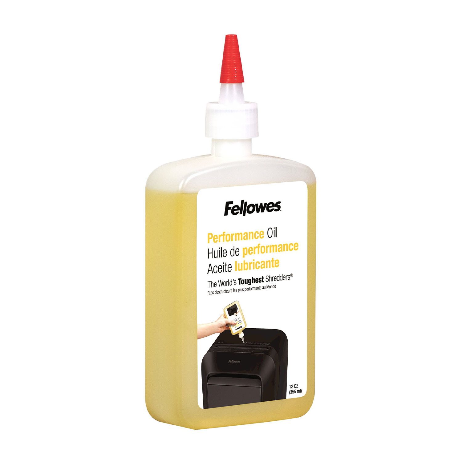 Eine Fellowes Performance Oil Flasche. Sie hat einen roten Deckel, einen weißen Körper und gelbes Öl. Text in Englisch, Französisch und Spanisch.