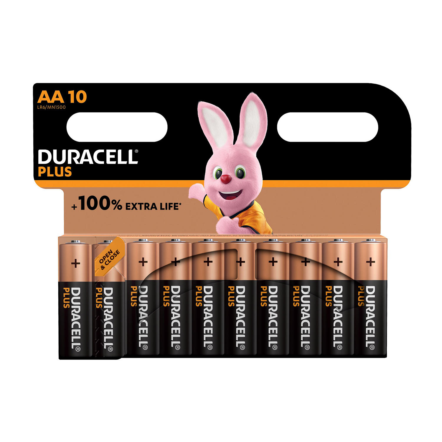 Opakowanie baterii Duracell AA. Wyróżnia się różowa postać królika. Baterie mają znaki plus i logo Duracell.