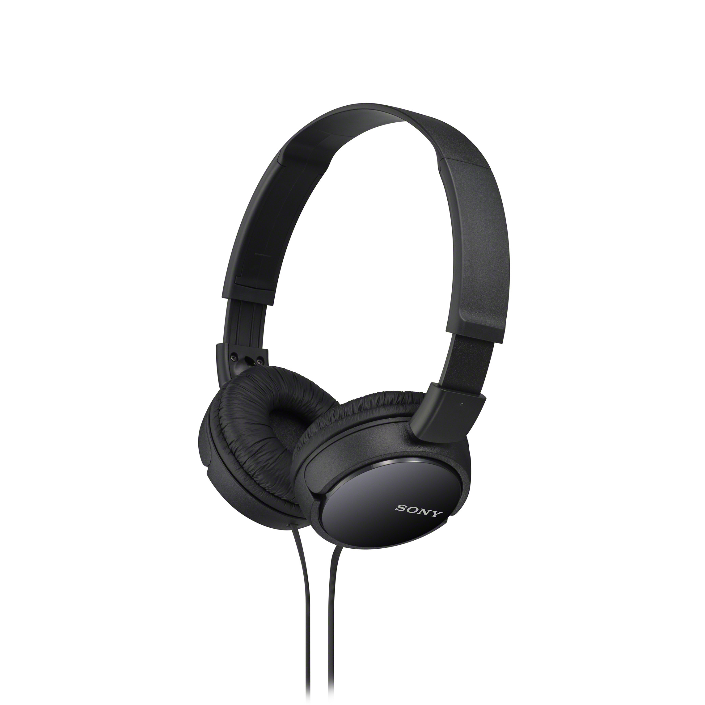 Cuffie Sony nere con fascia e padiglioni, e un cavo. Lo sfondo è bianco.