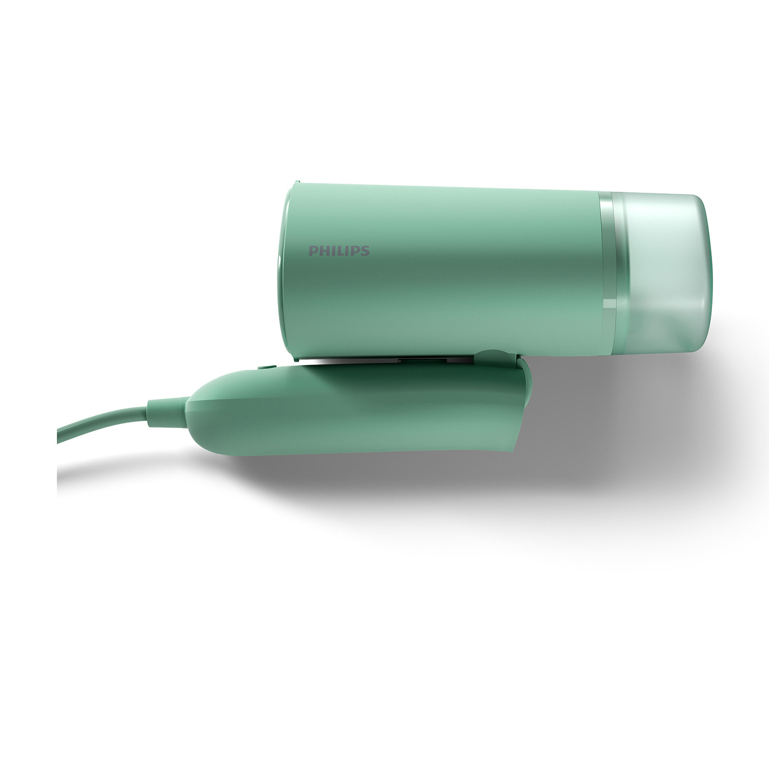 Miętowo-zielona suszarka do włosów Philips na białym tle. Suszarka ma cylindryczny korpus i uchwyt. Przewód rozciąga się w lewo.