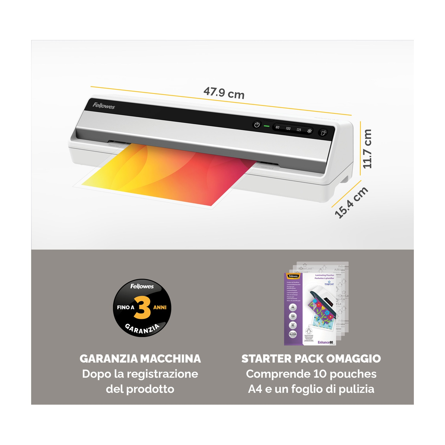Biała laminarka Fellowes z kartką papieru. W tle znajduje się odznaka gwarancyjna na 3 lata i oferta pakietu startowego.