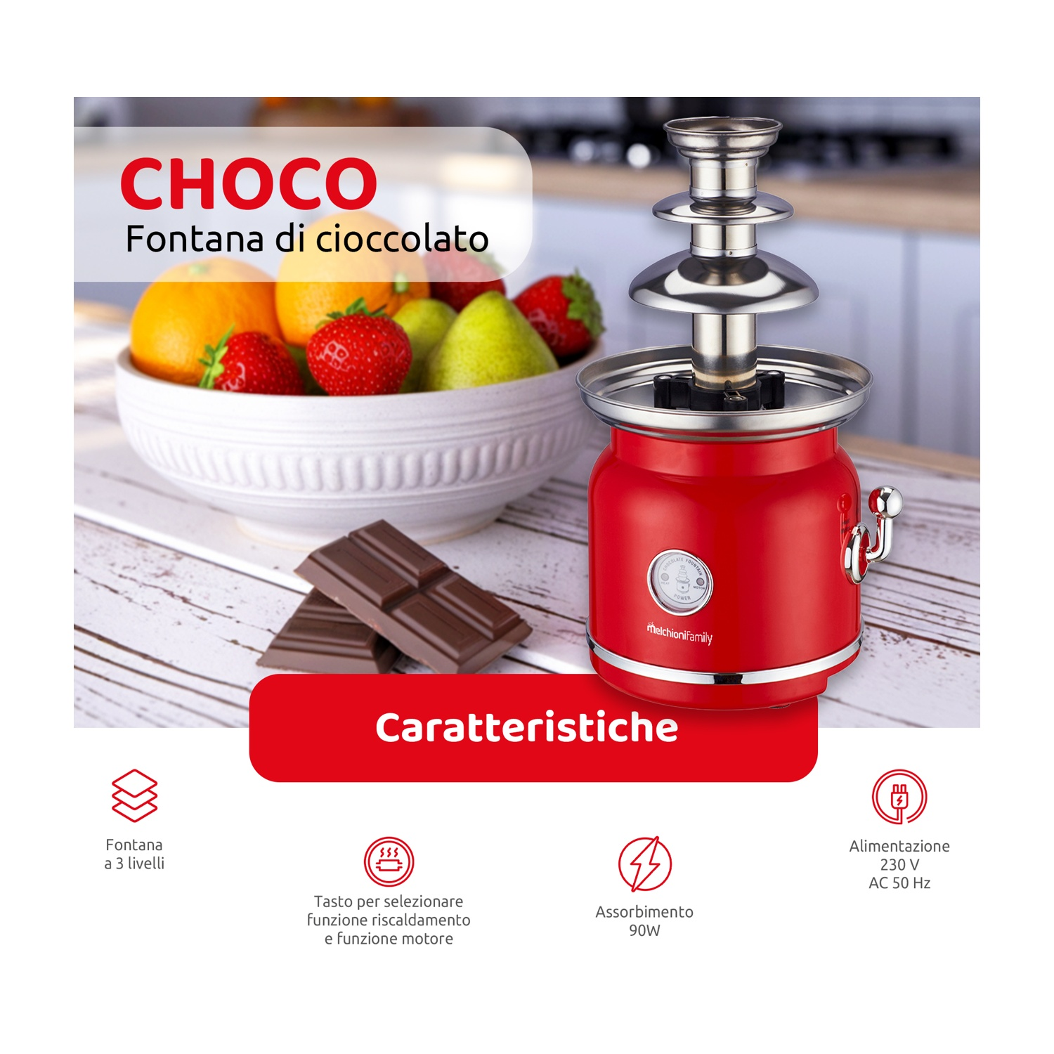 Roter Schokoladenbrunnen mit Früchten in einer weißen Schüssel und Schokoladenriegeln. Text enthält 'CHOCO' und 'Fontana di cioccolato'.