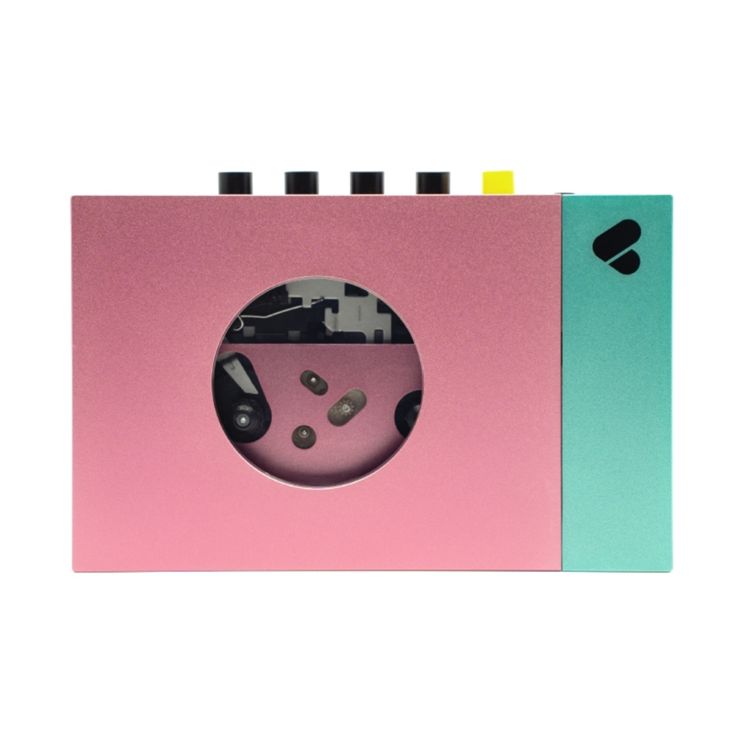 Un lecteur de cassettes rose et turquoise. Il possède des boutons noirs, un bouton jaune et une ouverture circulaire.