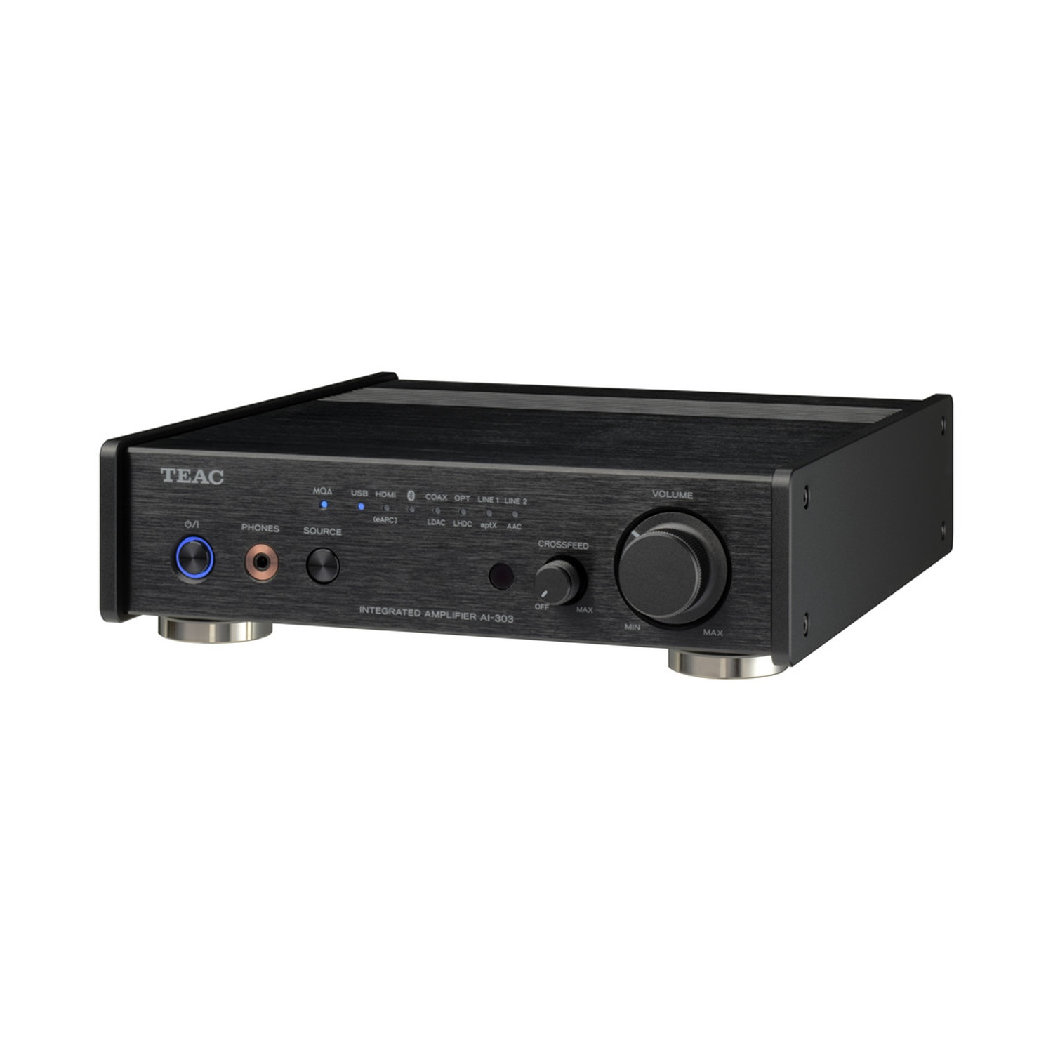 Ein schwarzer TEAC AI-303-Integrationsverstärker. Er hat einen Lautstärkeregler, Eingangswahltasten und verschiedene Ein-/Ausgänge. Silberne Füße.