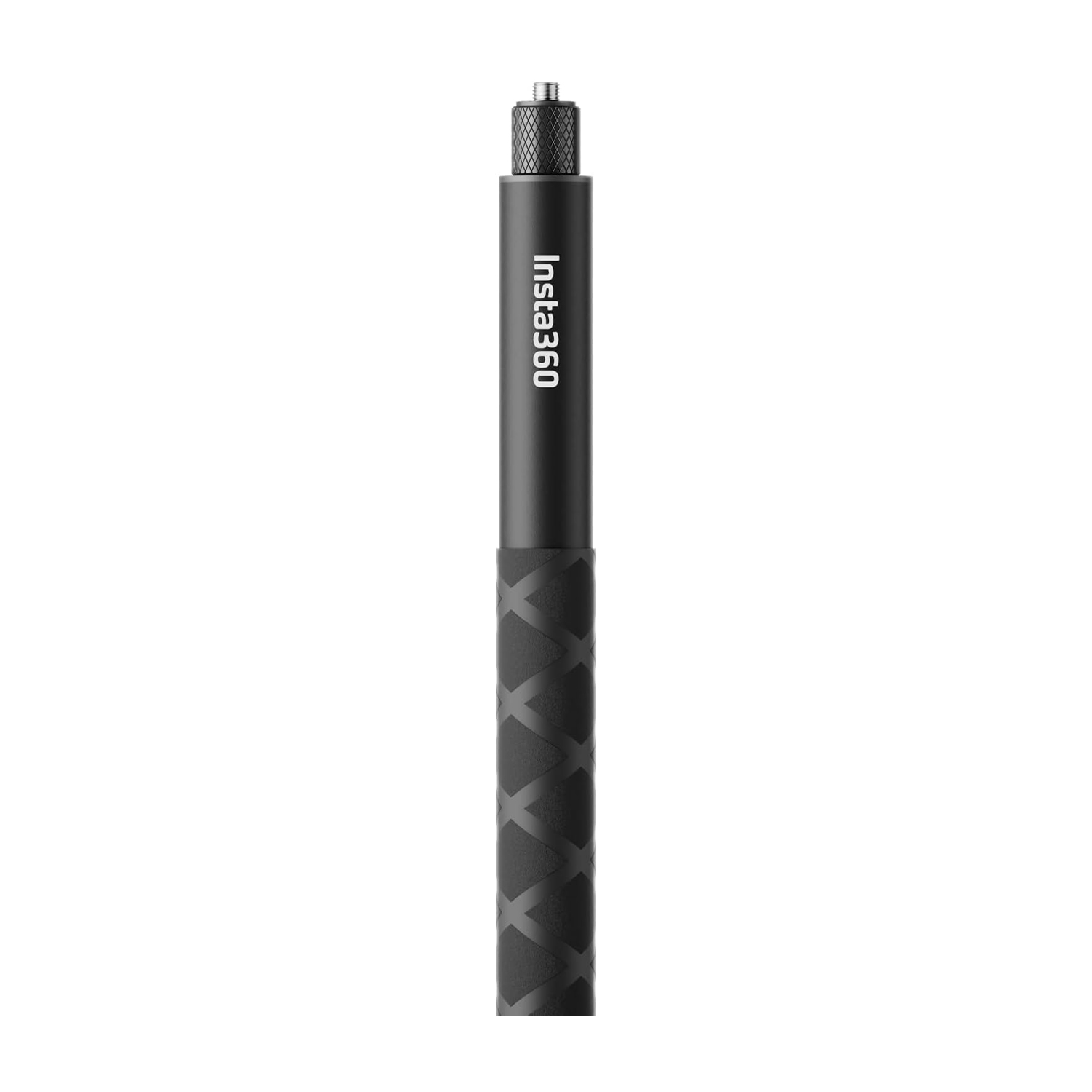Een zwarte Insta360 selfiestick. Het heeft een getextureerde grip, het Insta360-logo en een schroefdraad bovenop voor het bevestigen van een camera. Witte achtergrond.