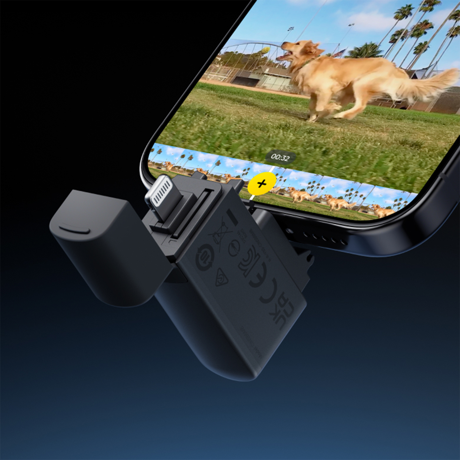 Un telefono mostra un video di un golden retriever che corre. Un dispositivo nero con connettore Lightning è collegato al telefono.