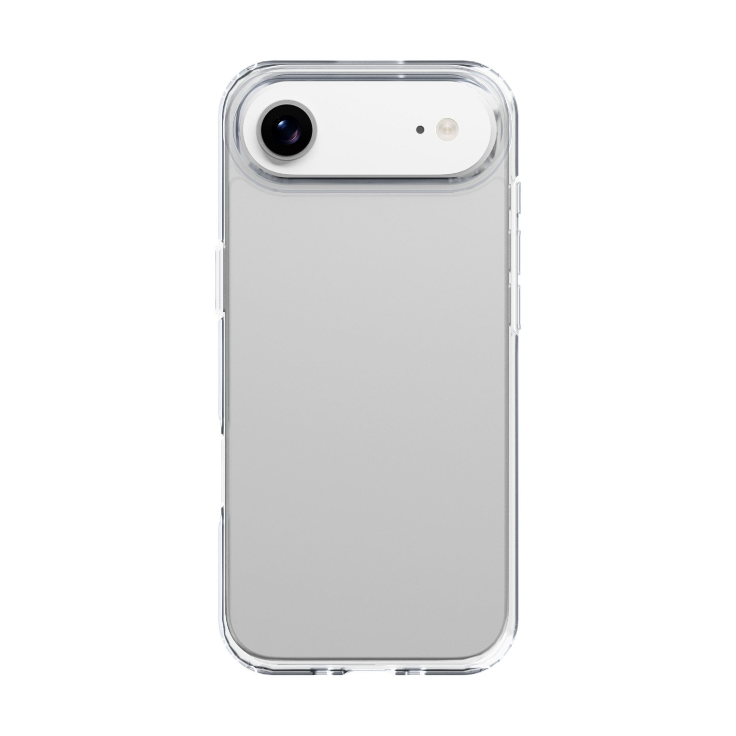 Eine transparente Handyhülle mit einem Telefon darin. Das Telefon hat eine Kamera und einen Blitz. Der Hintergrund ist weiß.