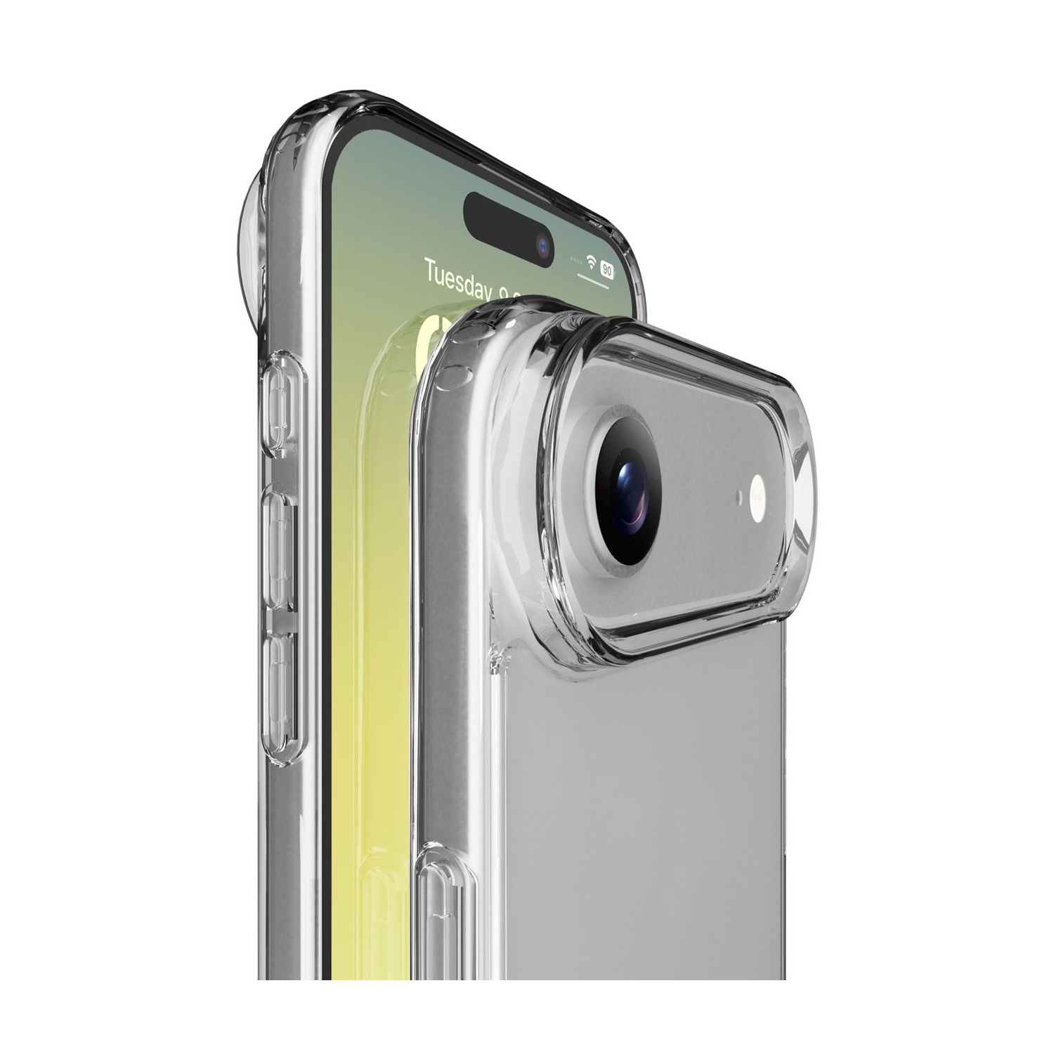 Eine transparente Handyhülle mit Kameraobjektivschutz befindet sich auf einem Smartphone, dessen Bildschirm Zeit und Datum anzeigt.