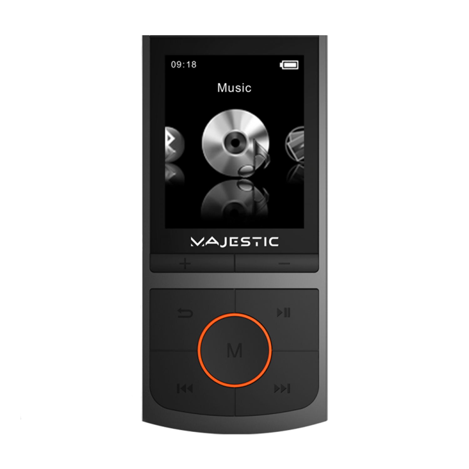 Un reproductor MP3 Majestic negro. La pantalla muestra la interfaz de música con un icono de CD. Tiene botones de control, un botón 'M' naranja central.