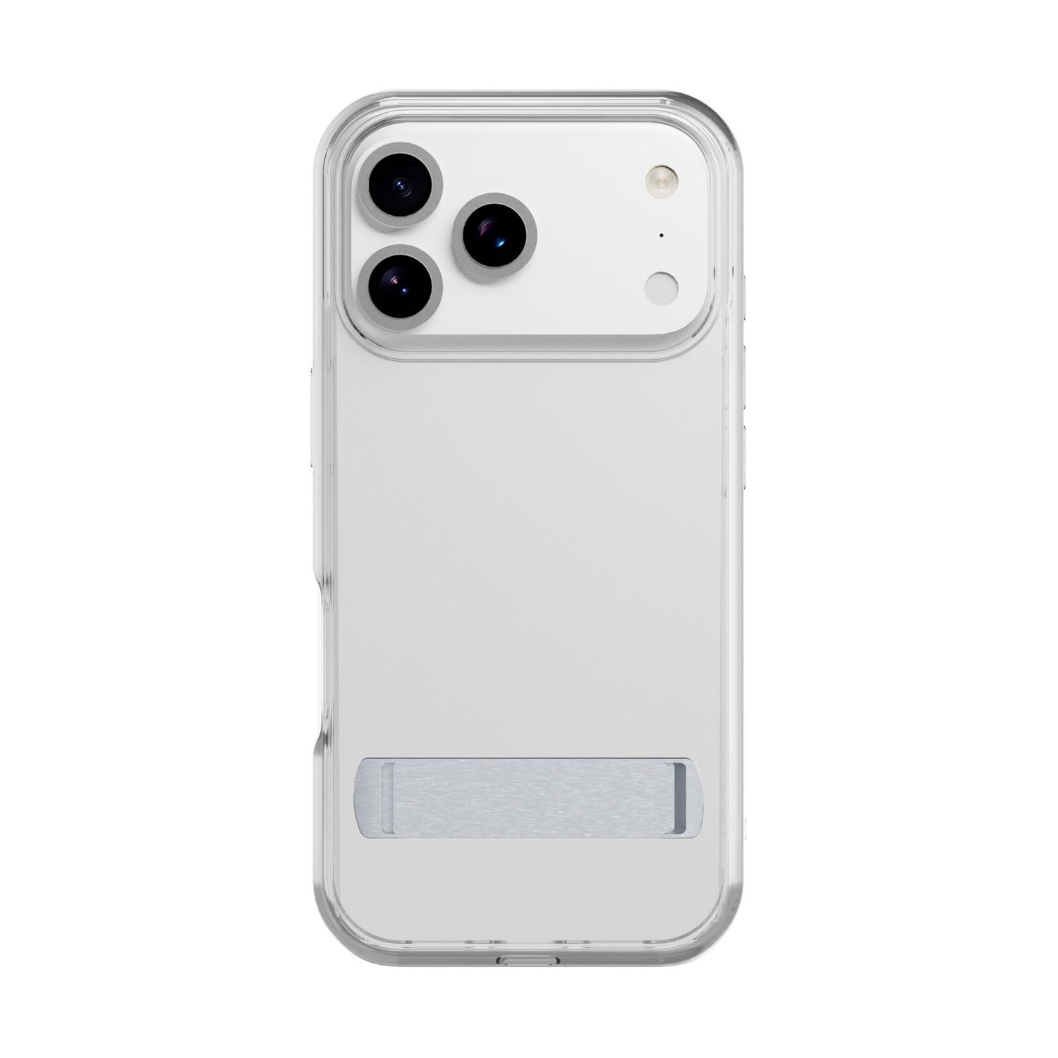 Une coque de téléphone transparente avec trois objectifs d'appareil photo, un flash et un support. Le fond est blanc.