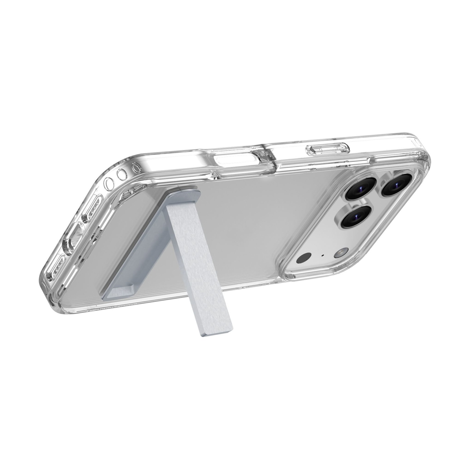 Une coque de téléphone transparente avec un pied argenté. Le téléphone a un système de caméra. La coque est inclinée.