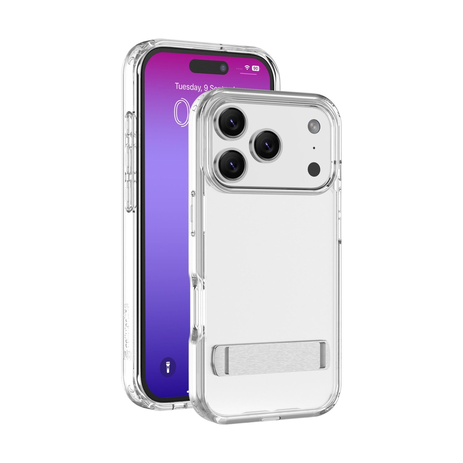 Une coque de téléphone transparente avec un téléphone à l'intérieur. Le téléphone affiche l'heure. La coque a un support.