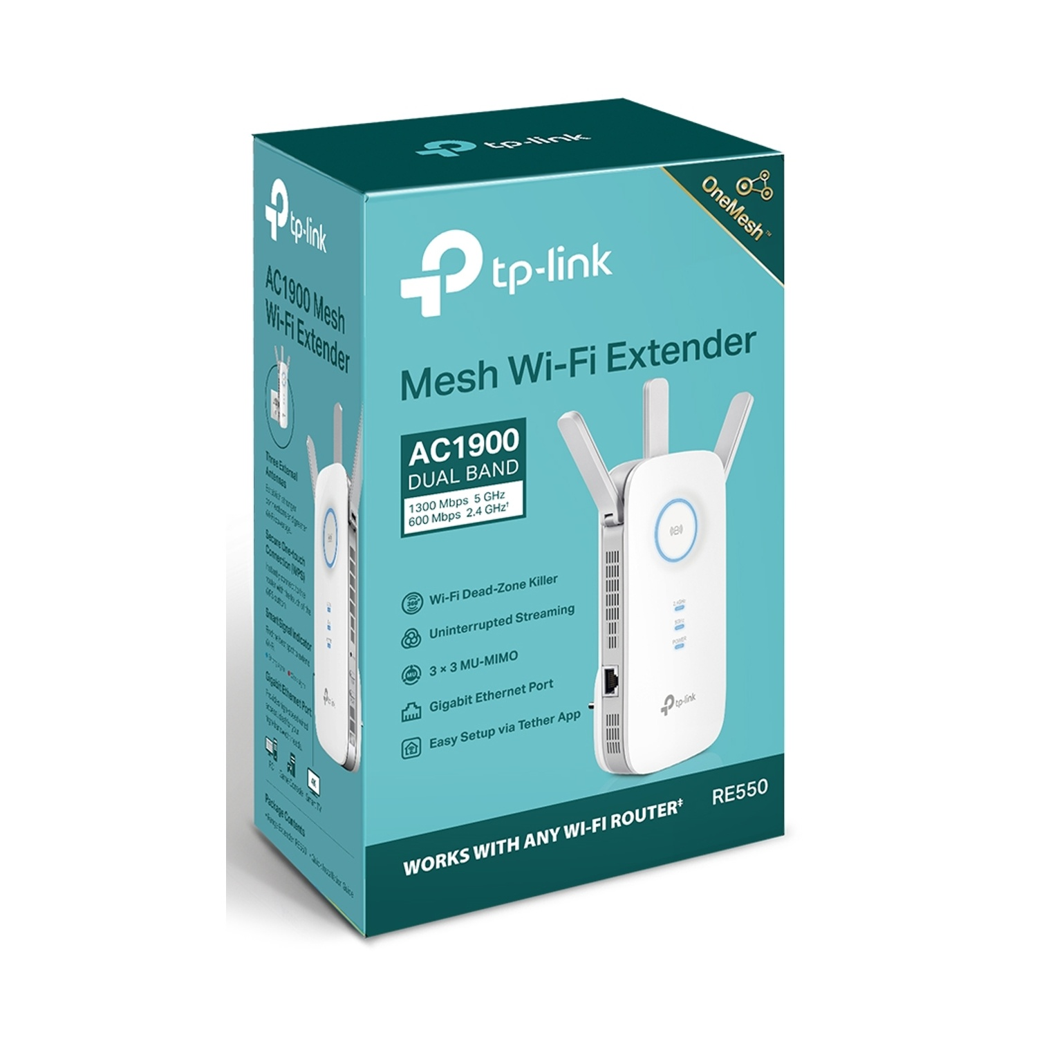 Eine weiße und blaue TP-Link Mesh Wi-Fi Extender-Box mit einem Gerät und aufgelisteten Funktionen. Es ist ein Dualband-AC1900-Extender.