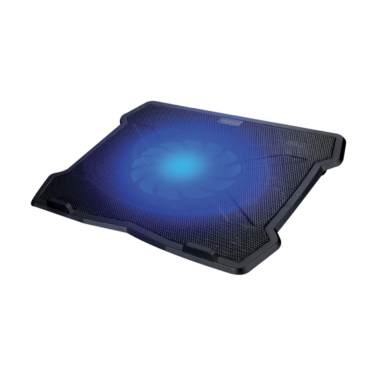 Un supporto di raffreddamento per laptop nero con una ventola blu brillante. Ha una superficie a rete e una cornice nera.