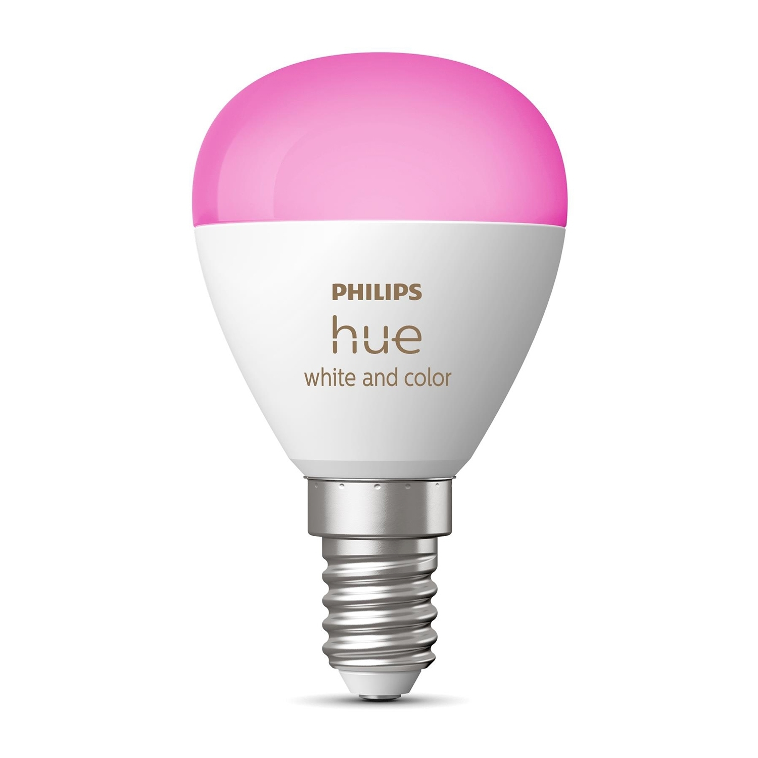 Inteligentna żarówka Philips Hue. Góra jest różowa, dół biały. Ma srebrną podstawę. Tekst na żarówce brzmi 'Philips Hue'.