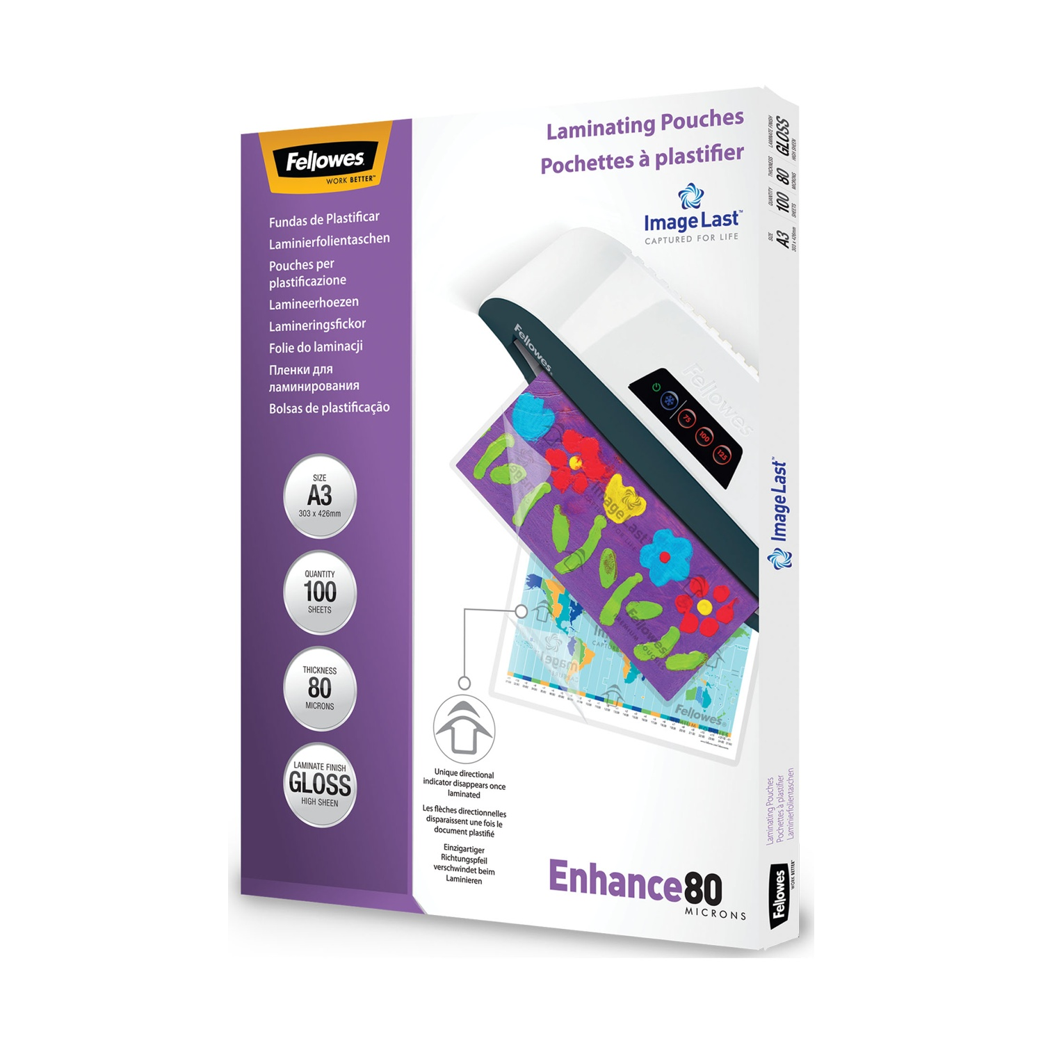 Una caja de fundas de plastificar Fellowes. La caja es blanca y morada con texto e imágenes.