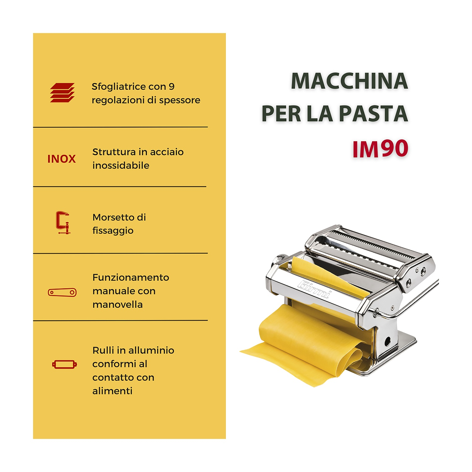Una macchina per la pasta in acciaio inox. La pasta gialla viene stesa. Il testo a sinistra descrive le caratteristiche.