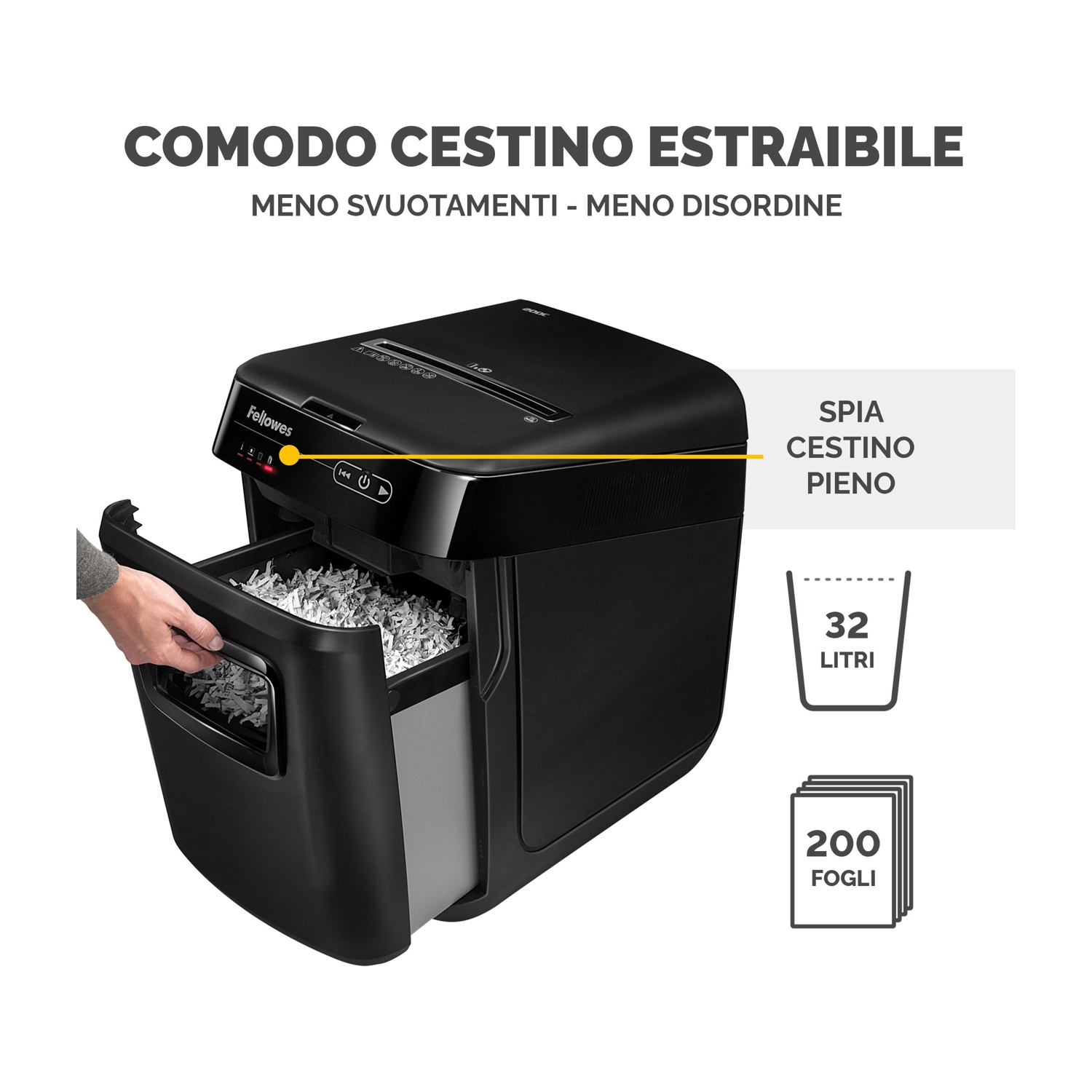 Czarna niszczarka Fellowes. Ręka wyciąga pojemnik wypełniony pociętym papierem. Tekst wskazuje 32 litry i 200 arkuszy.