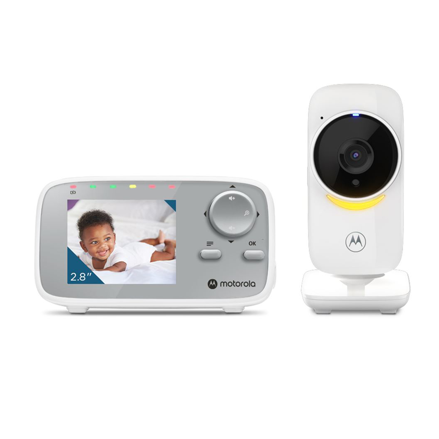 Ein Babyphone mit zwei Teilen. Der Monitor zeigt ein Baby, die Kamera befindet sich rechts. Beide sind weiß.