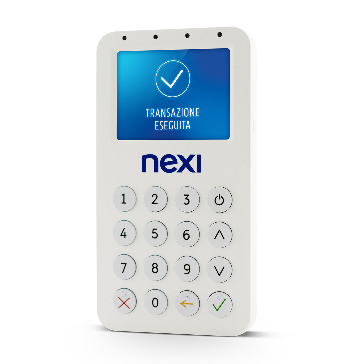 Biały terminal płatniczy Nexi. Ekran pokazuje znak wyboru i 'Transazione Eseguita'. Widoczne są numery i klawisze funkcyjne.