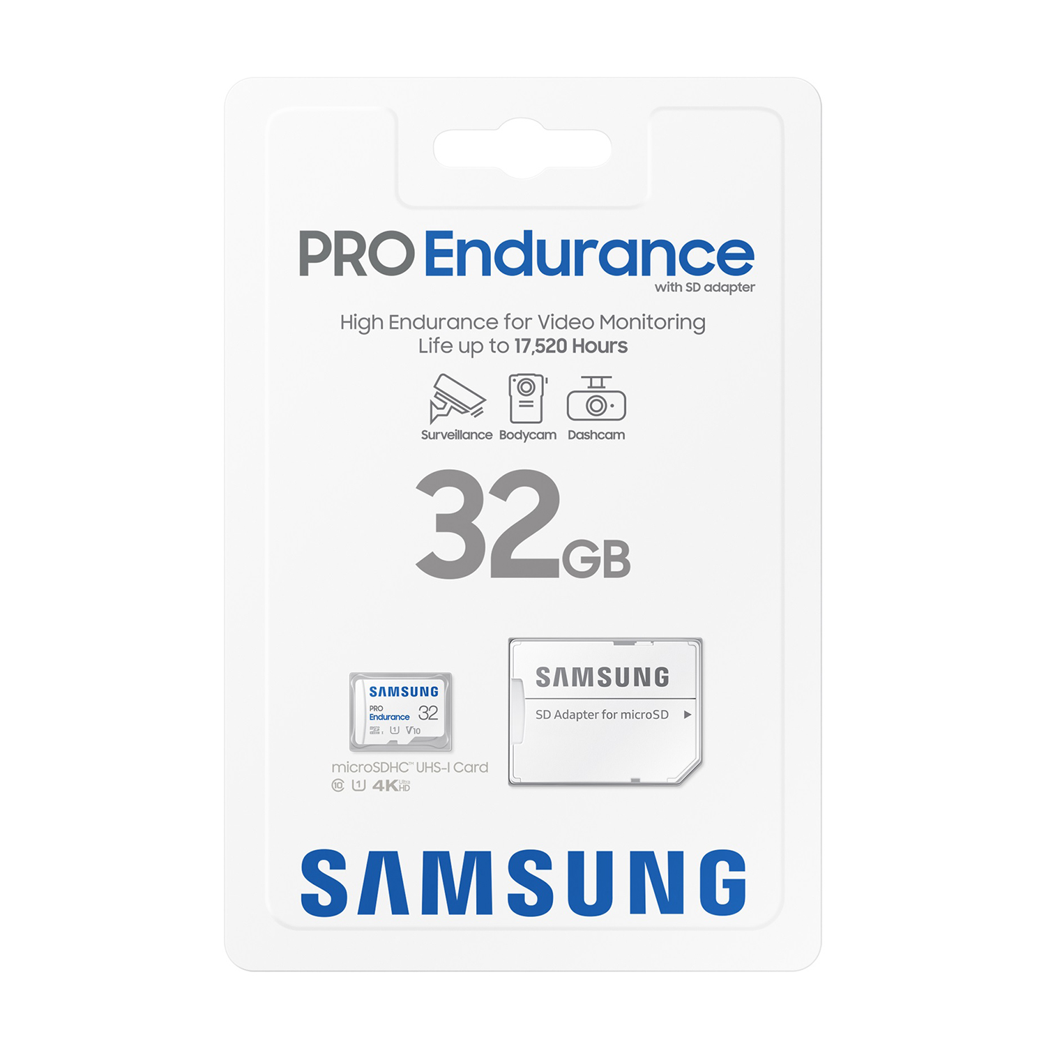 Opakowanie karty microSD Samsung Pro Endurance 32 GB. Zawiera adapter SD, wideo 4K i jest idealne do monitoringu i kamery samochodowej.
