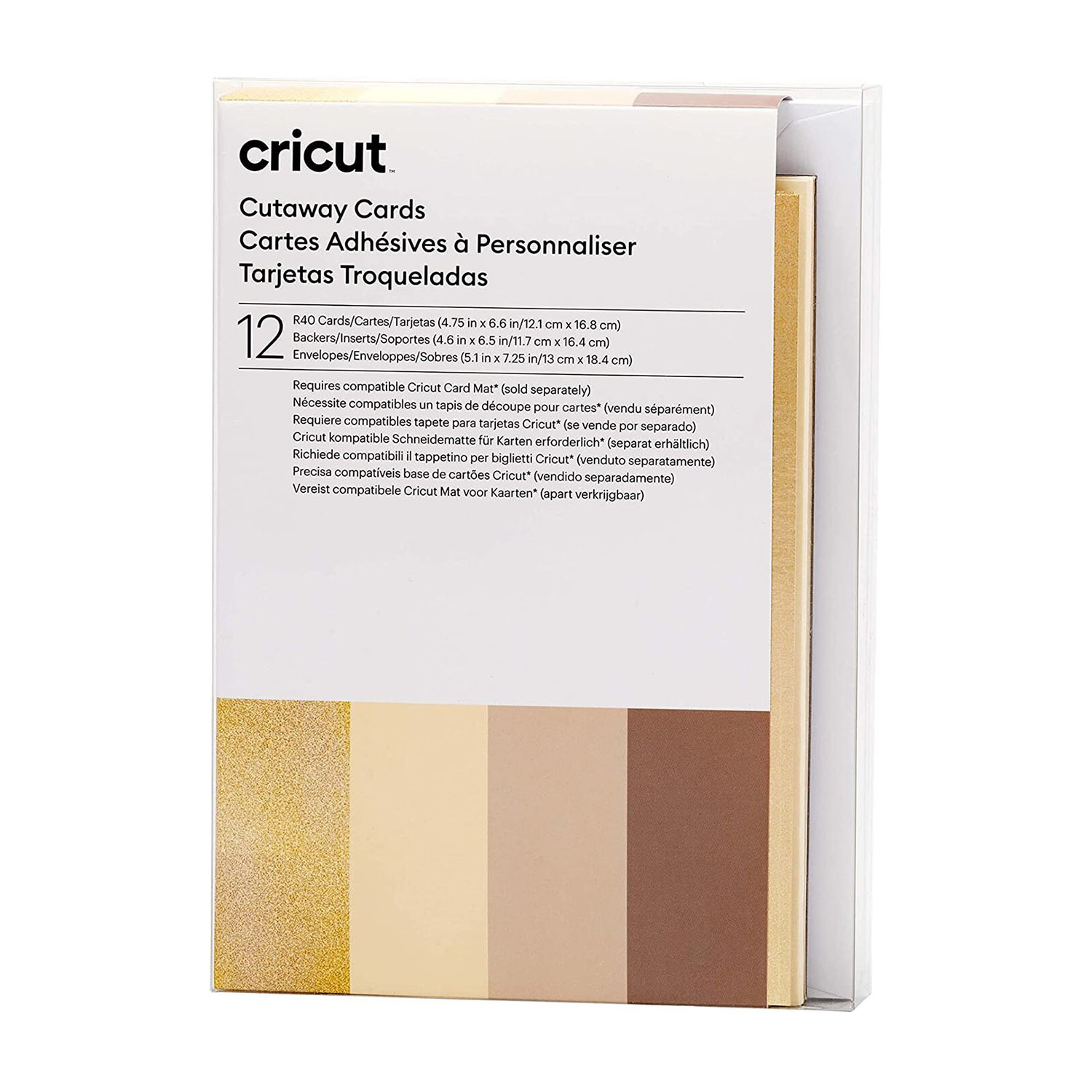 Eine Cricut Cutaway Cards-Verpackung. Die Verpackung hat einen weißen Hintergrund mit goldenen, beigen und braunen Karten.