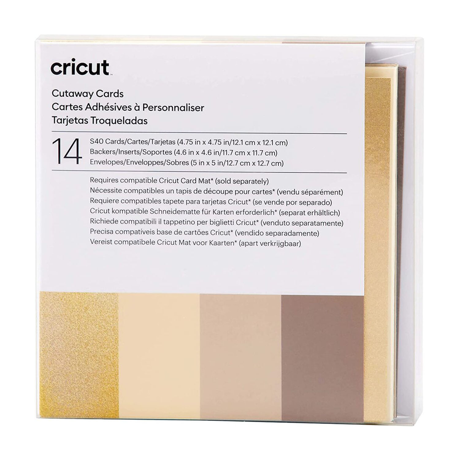 Eine Cricut-Kartenset-Box mit Karten und Umschlägen. Text enthält Produktdetails in mehreren Sprachen.