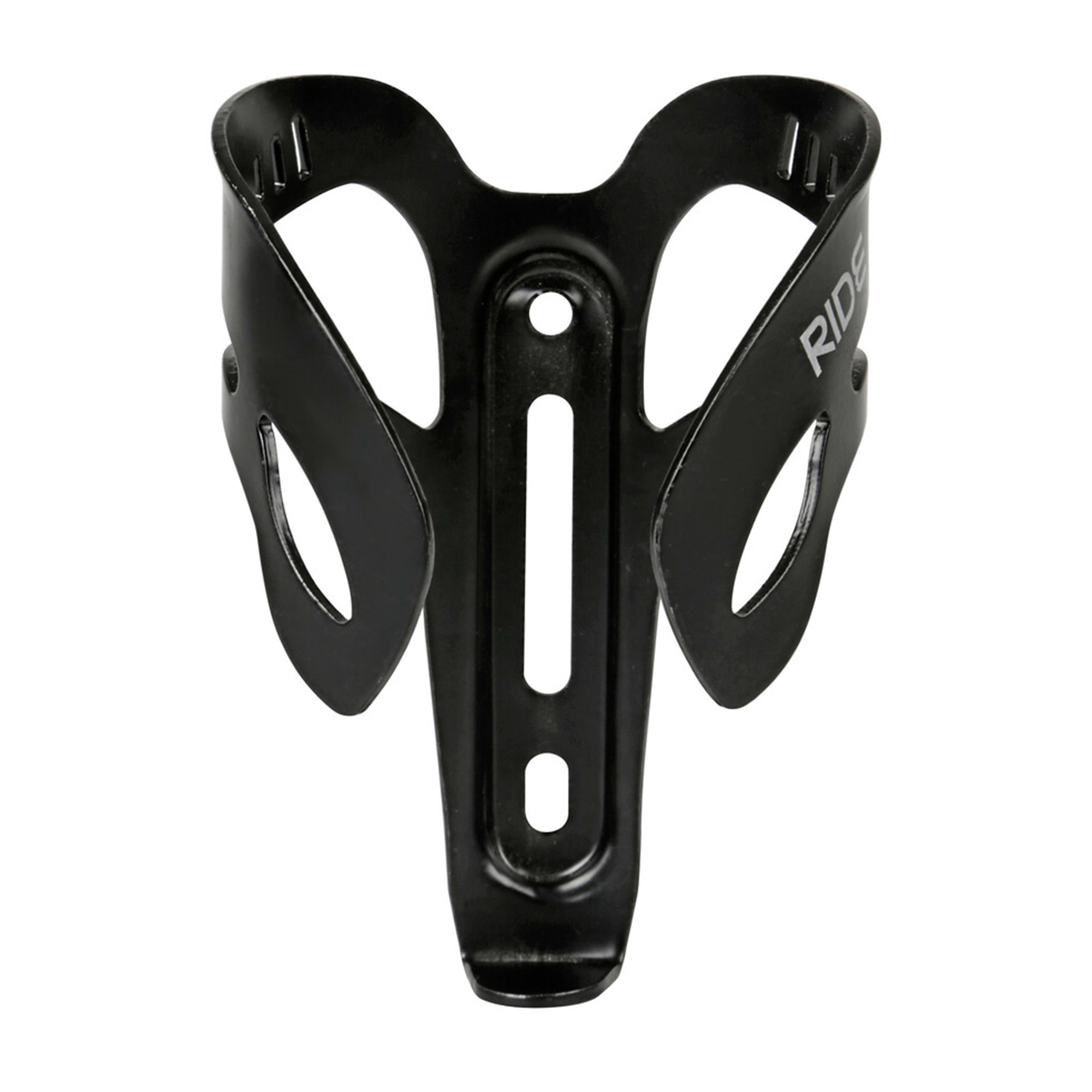 Un portaborraccia da bici in metallo nero. Ha un design curvo con un supporto verticale centrale e la scritta 'RIDE'.