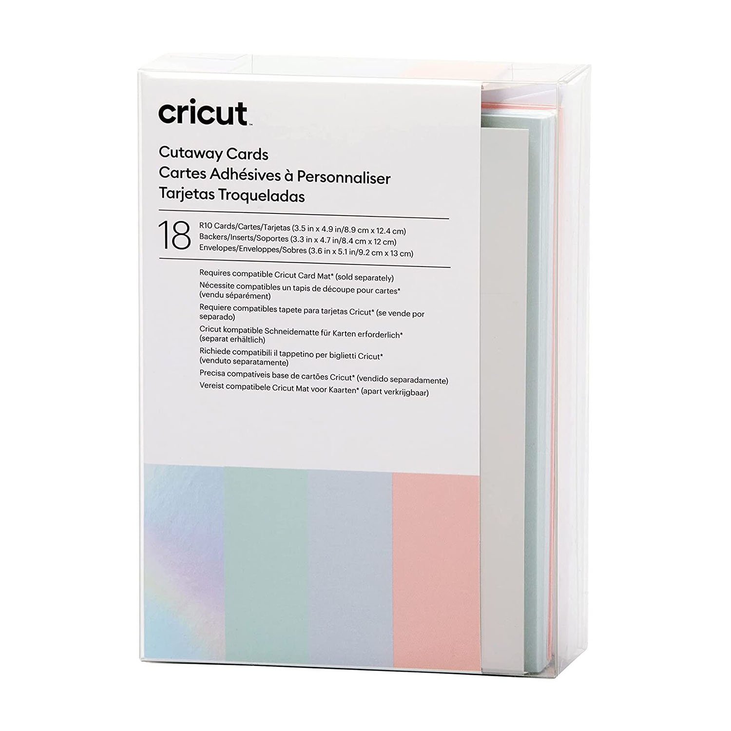 Eine Packung Cricut Cutaway Cards. Es hat eine weiße Box mit Text und enthält verschiedene pastellfarbene Karten.