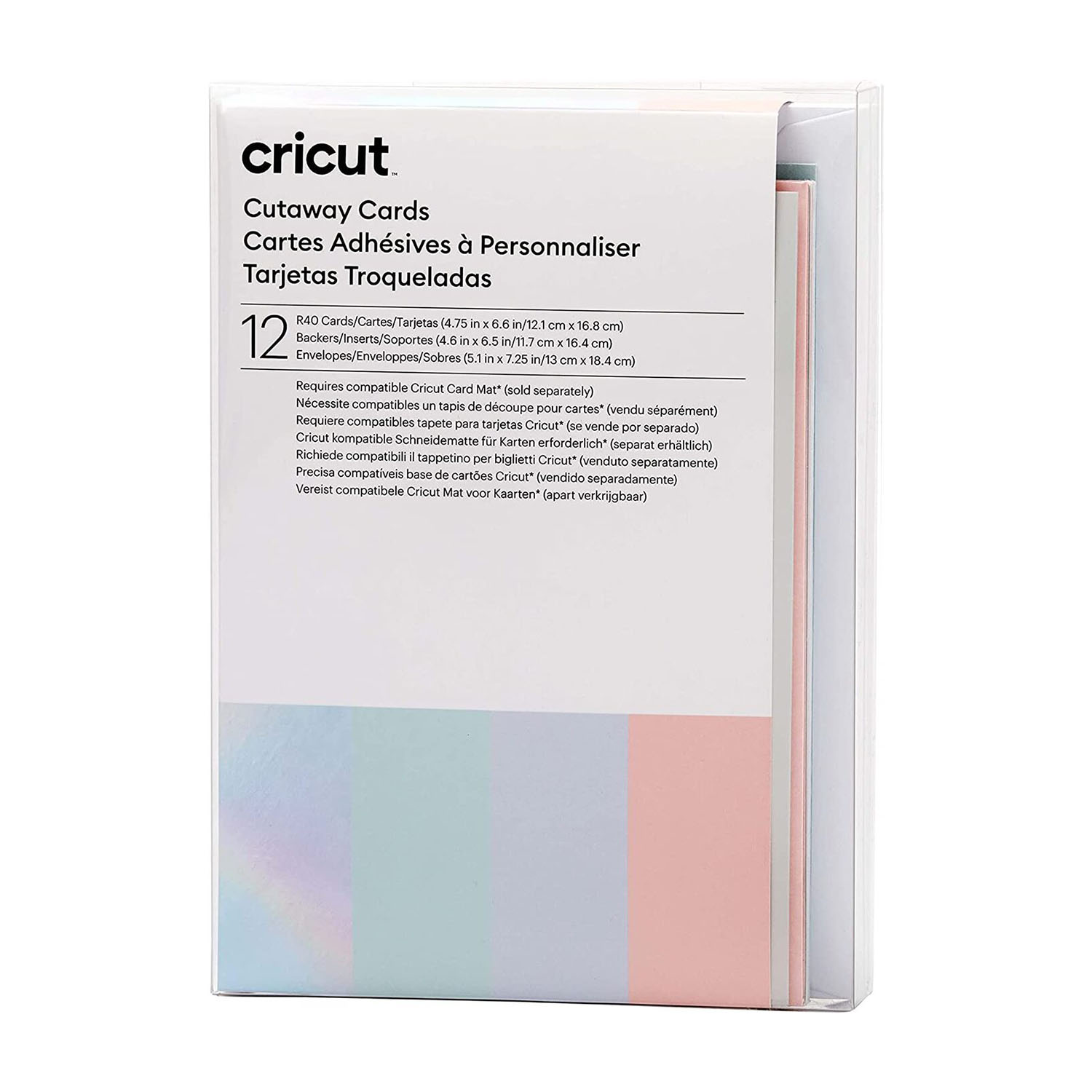 Eine Cricut Cutaway Cards-Packung mit Karten und Umschlägen. Die Verpackung ist transparent mit weißem und rosa Hintergrund.