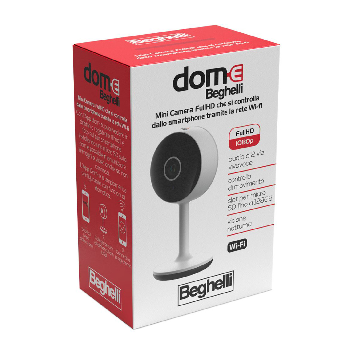 Pudełko kamery kopułkowej Beghelli. Zawiera obraz kamery z takimi funkcjami jak Wi-Fi, Full HD i noktowizor.