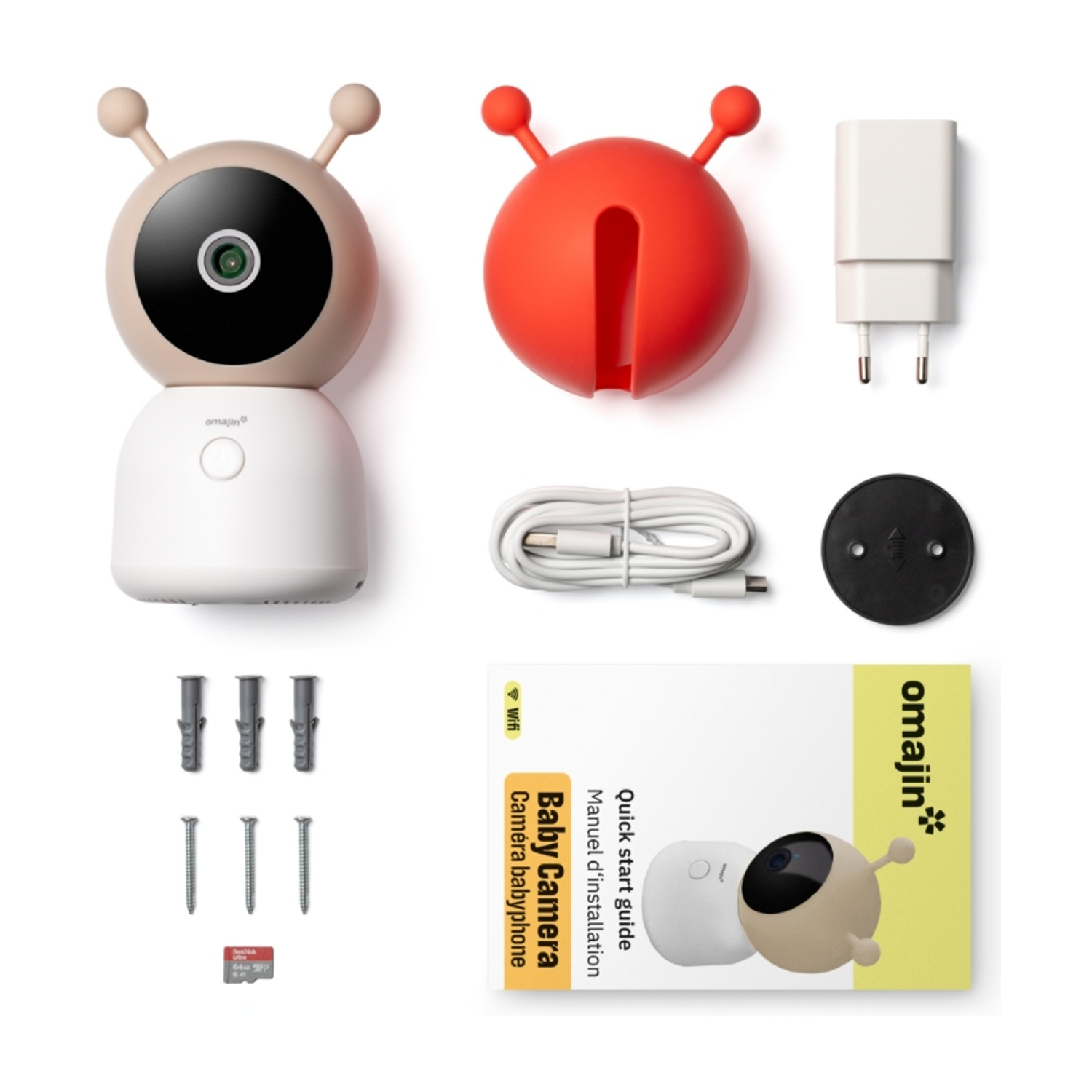 Un set di baby monitor con telecamera, accessori di ricarica, viti e un manuale, il tutto su sfondo bianco.