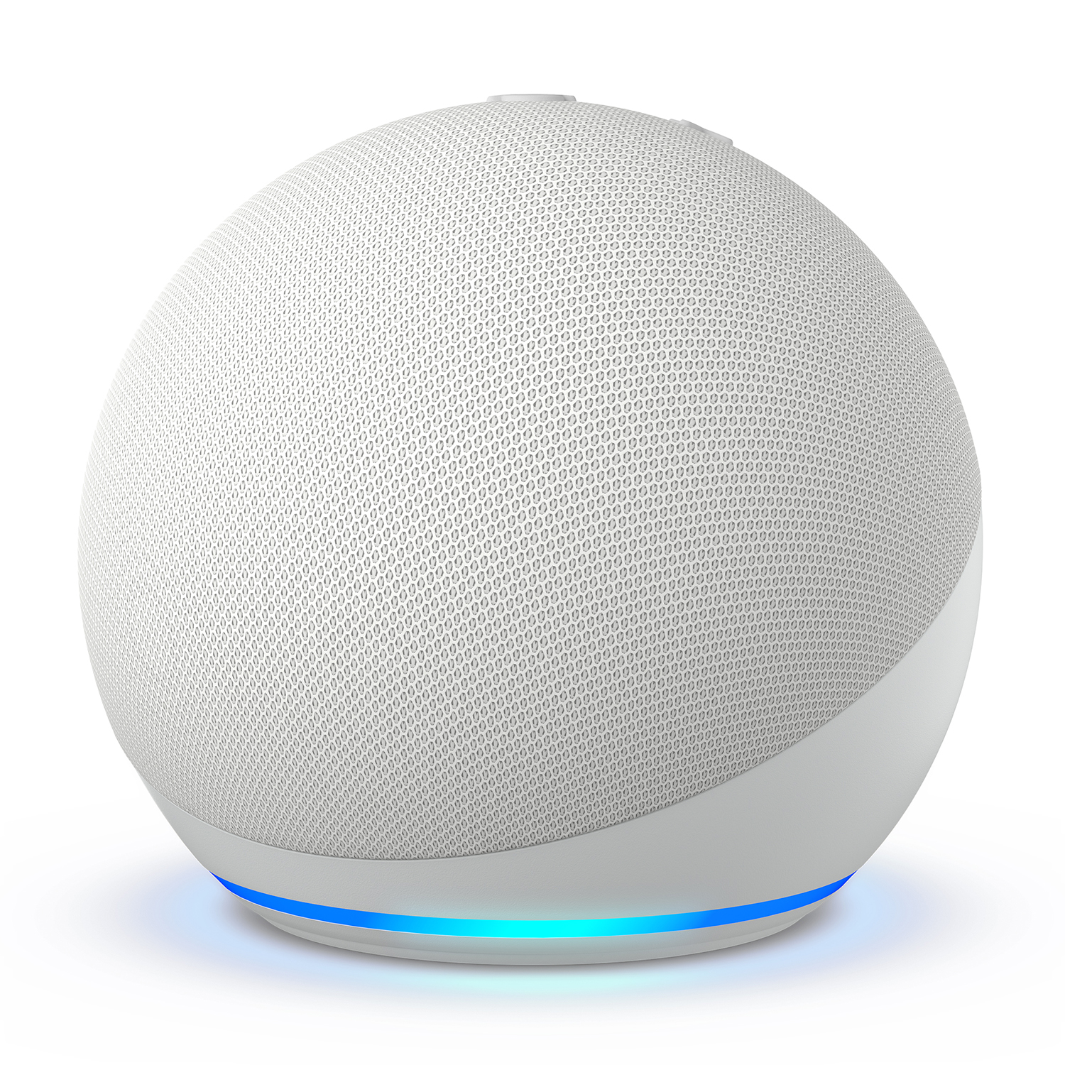 Biały, kulisty głośnik smart z siatkowym wierzchem i niebieskim światłem u dołu.