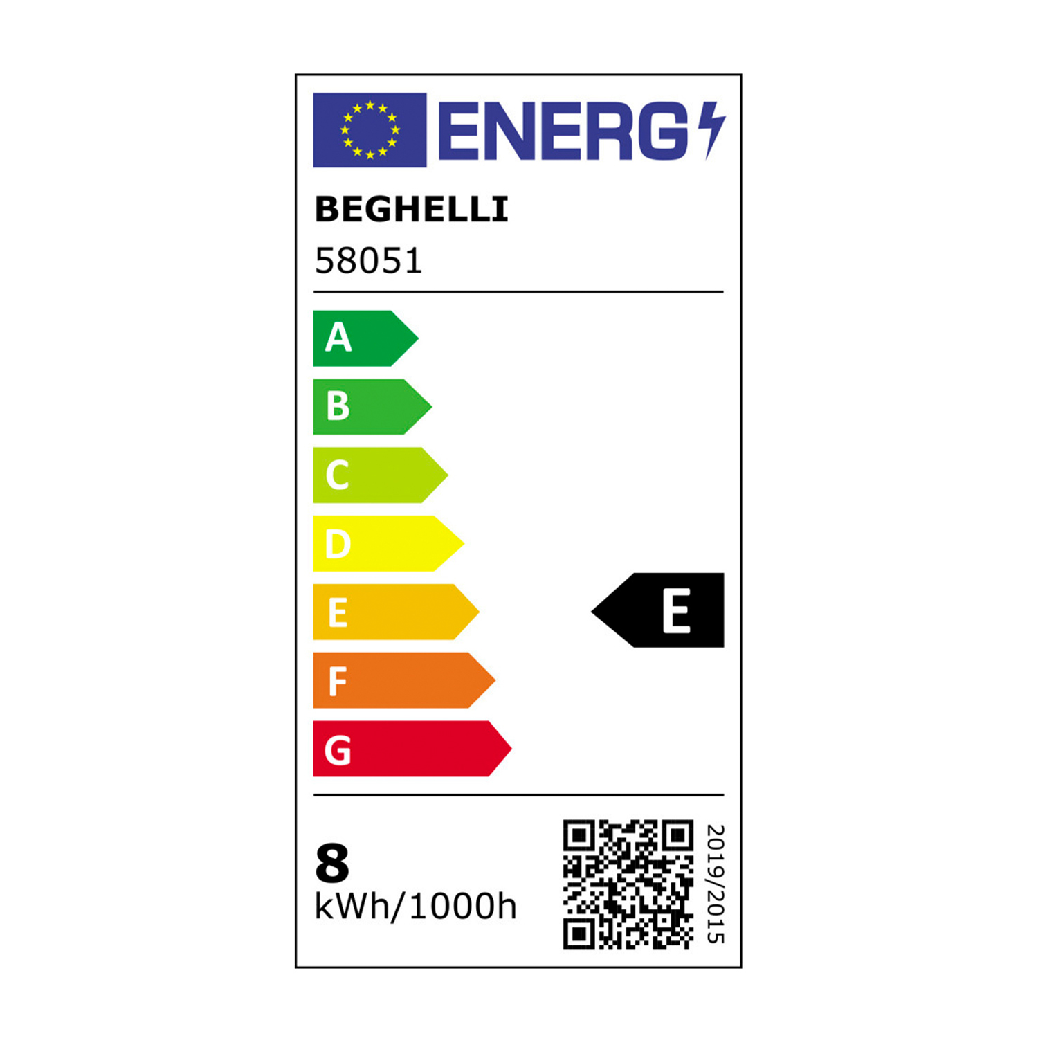 Etykieta energetyczna z logo Beghelli. Wyświetla efektywność energetyczną od A do G, z wyróżnioną E. Zawiera kWh/1000h i kod QR.