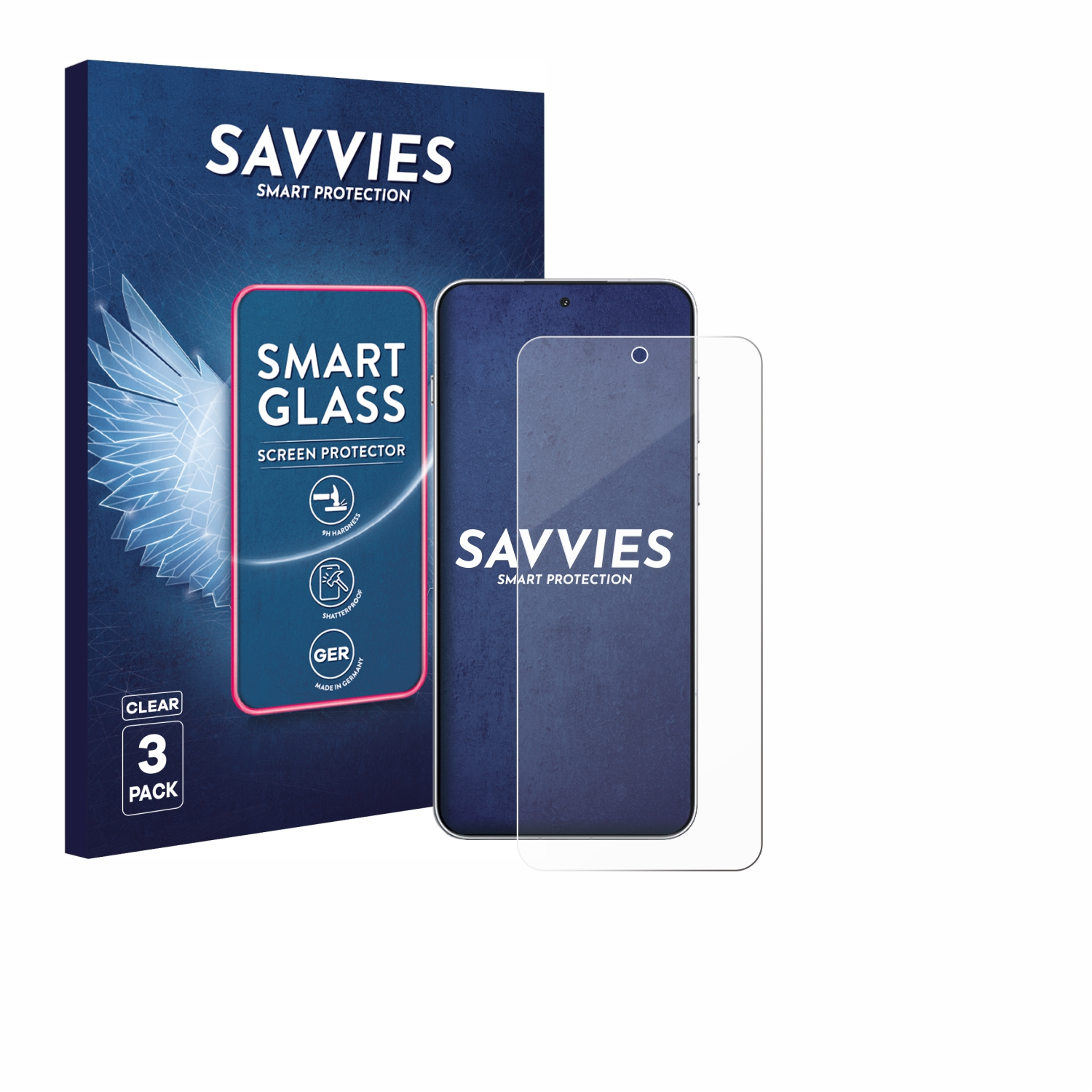 Eine Verpackung für einen Displayschutz mit einem Telefon. Auf der Verpackung steht SAVVIES SMART PROTECTION und SMART GLASS.