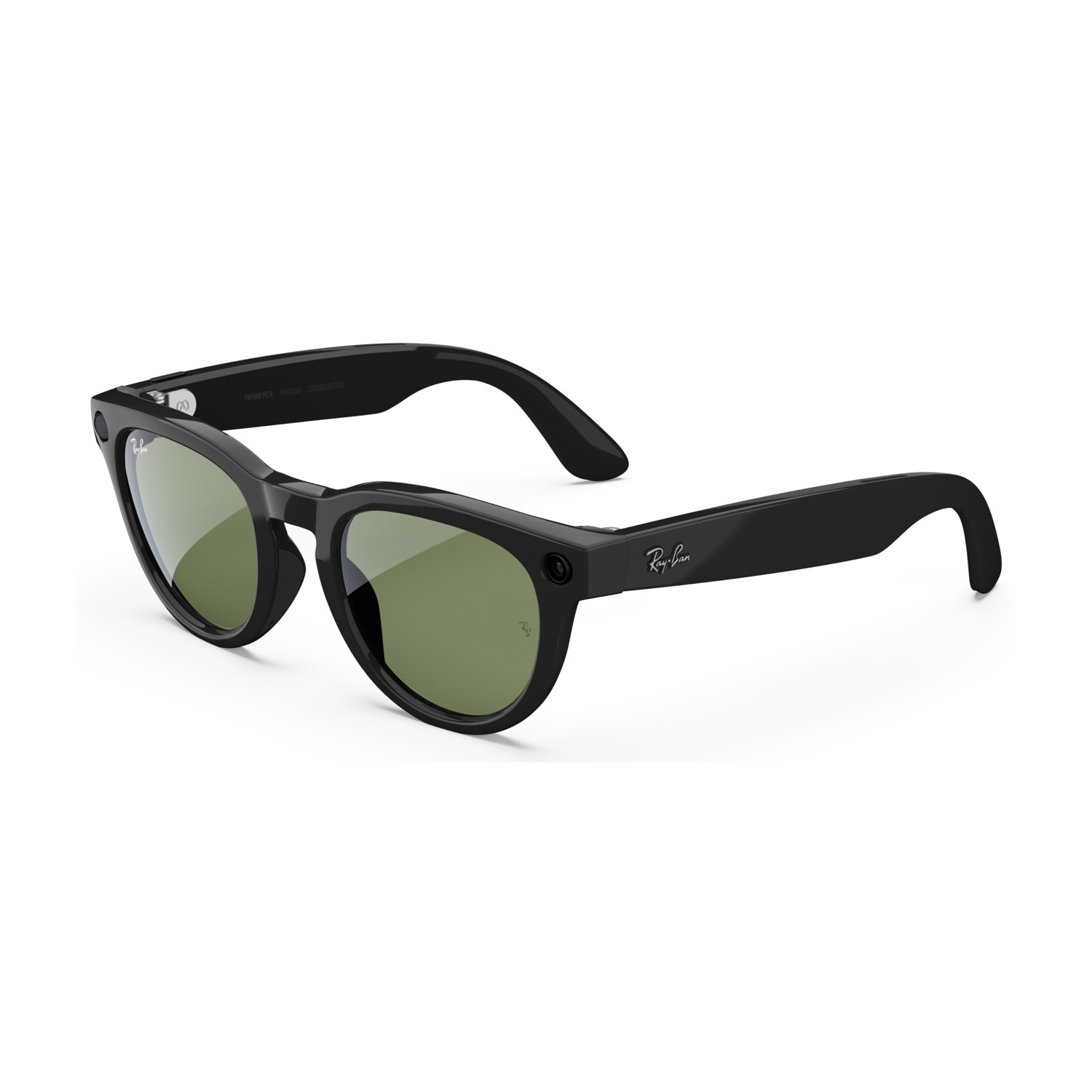 Occhiali da sole Ray-Ban neri su sfondo bianco. Hanno lenti verdi e il logo Ray-Ban.