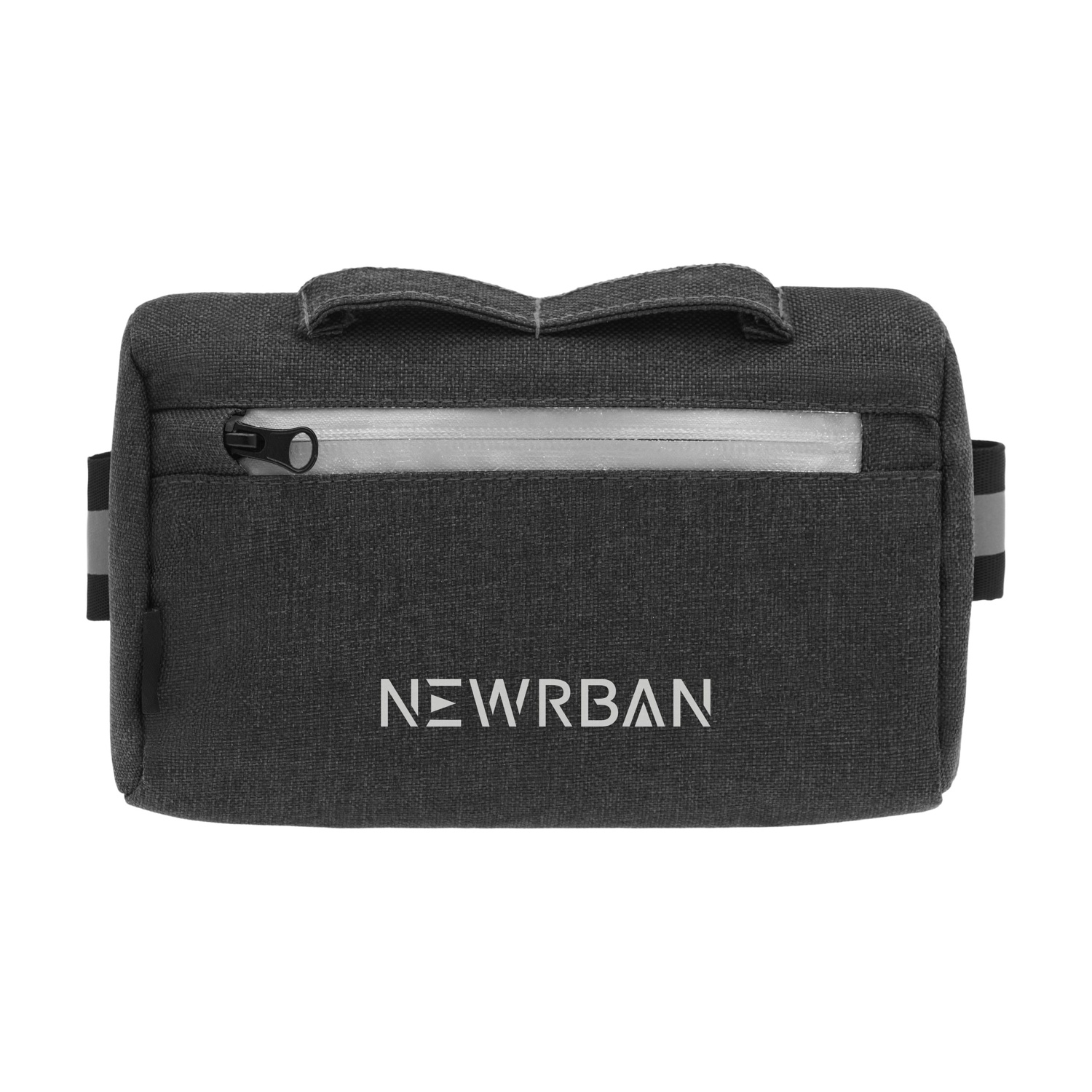 Eine dunkelgraue rechteckige Tasche mit Reißverschluss, Reflexstreifen, Griff und dem Wort 'NEWRBAN' in Weiß.