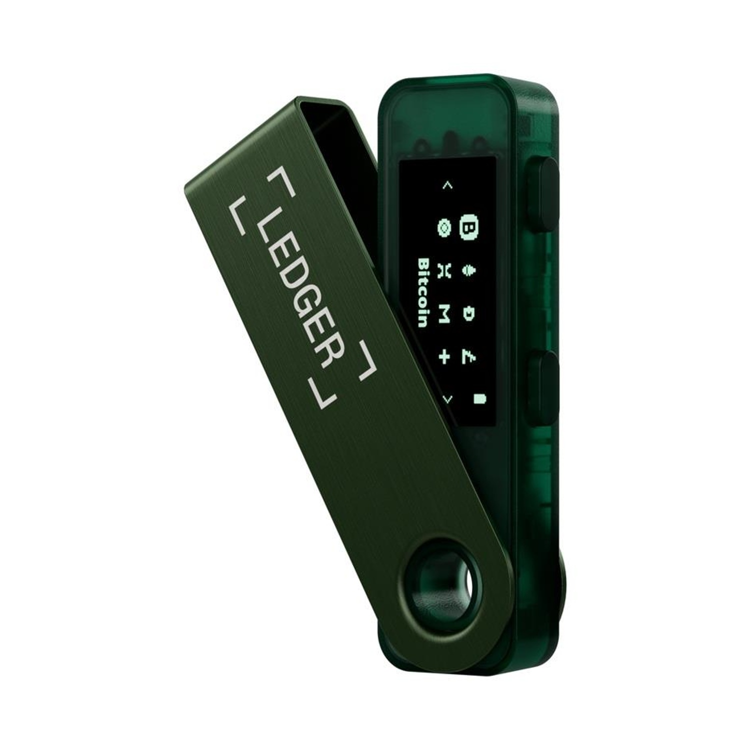 Een Ledger hardware wallet, olijfgroen, open. Het scherm toont Bitcoin. Het Ledger logo staat op de cover. Witte achtergrond.