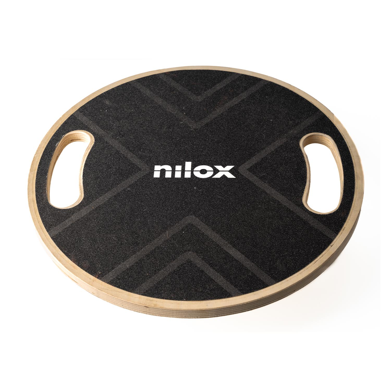 Een rond balanceerbord met een zwart oppervlak en het woord 'nilox'. Het heeft twee handvatten en een houten rand.