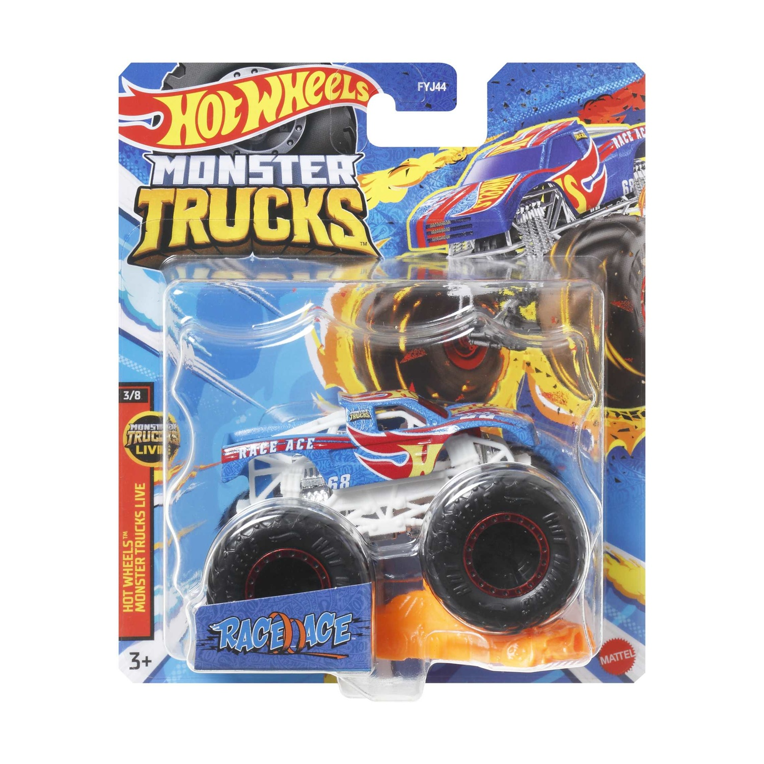 Zabawka Hot Wheels Monster Truck, Race Ace. Ma niebiesko-czerwony design, czarne koła i niebiesko-pomarańczowe tło.