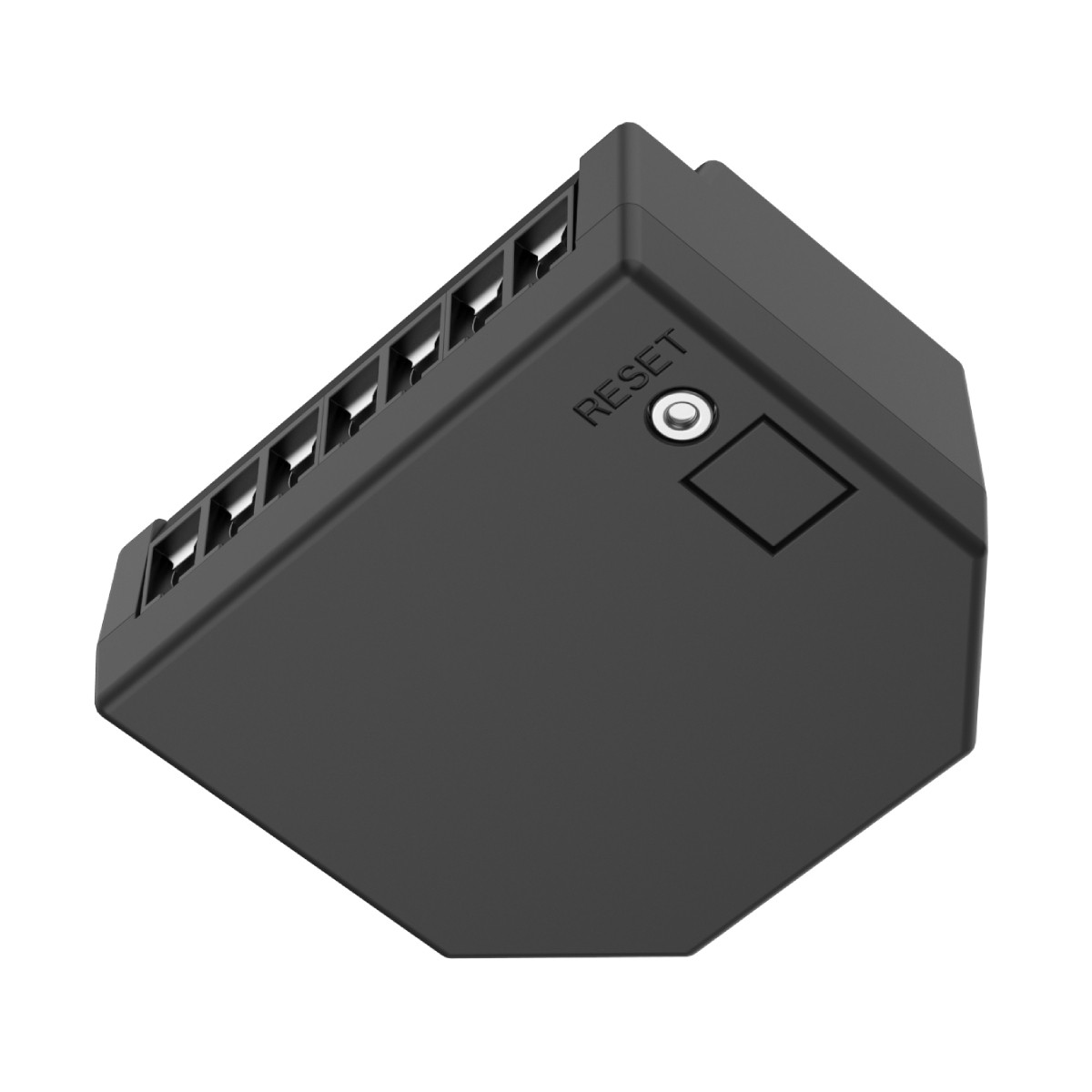 Un dispositivo electrónico negro y angulado con una serie de ranuras en un lado y un botón 'RESET' en la superficie.