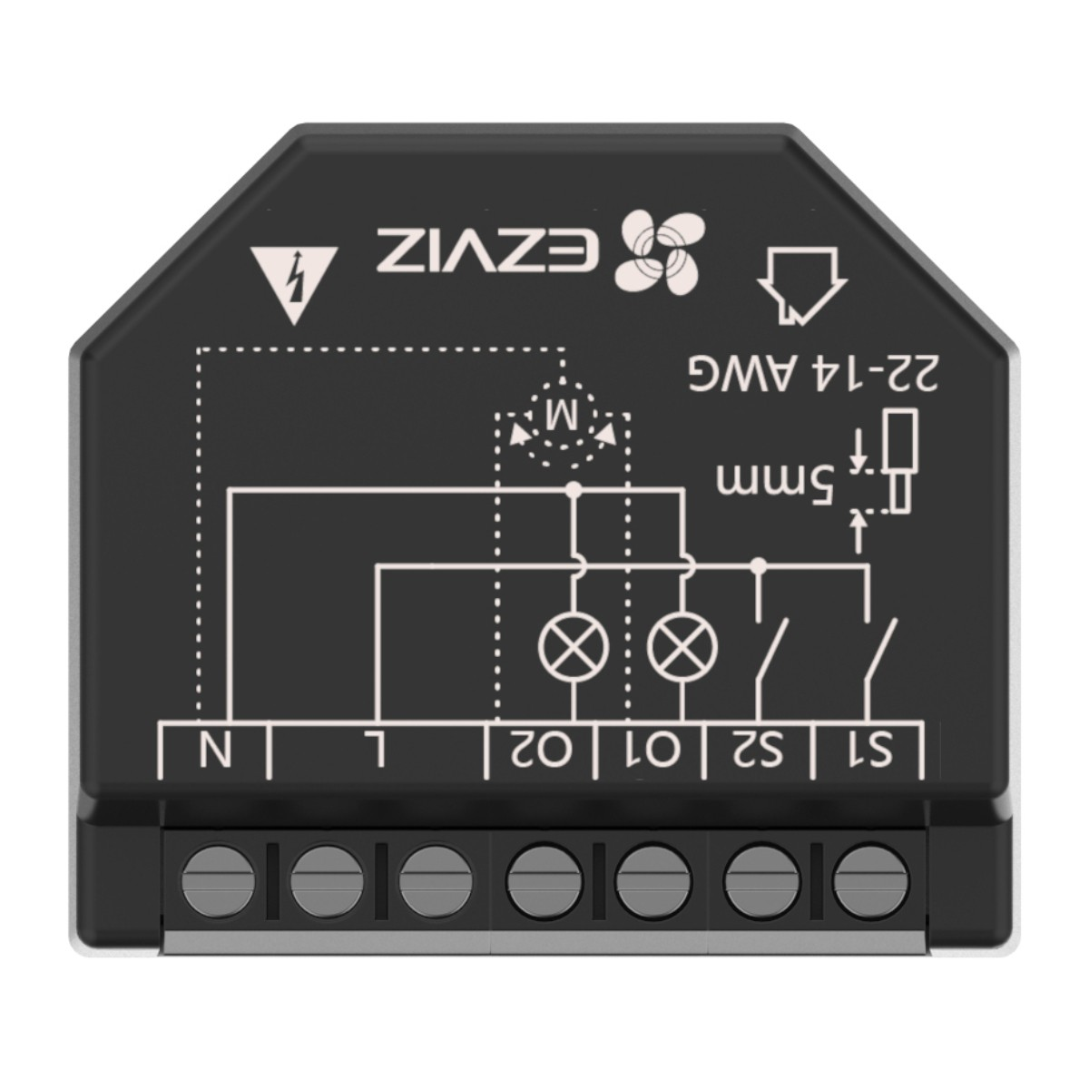 Un dispositivo EZVIZ para el hogar inteligente negro con símbolos esquemáticos blancos. El texto incluye 'N, L, S1, S2, 01, 02'. Diagrama de cableado.