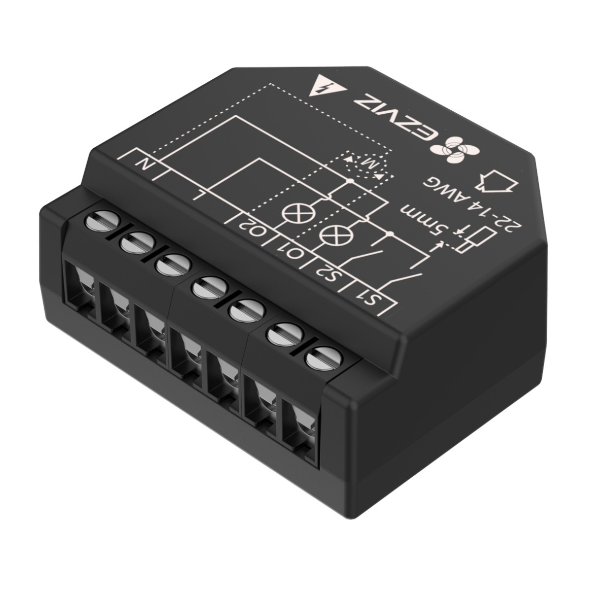 Dispositivo EZVIZ negro con terminales y diagramas. El texto incluye 'S1, S2, O1, O2', '5mm', '22-14 AWG'. El dispositivo está sobre fondo blanco.