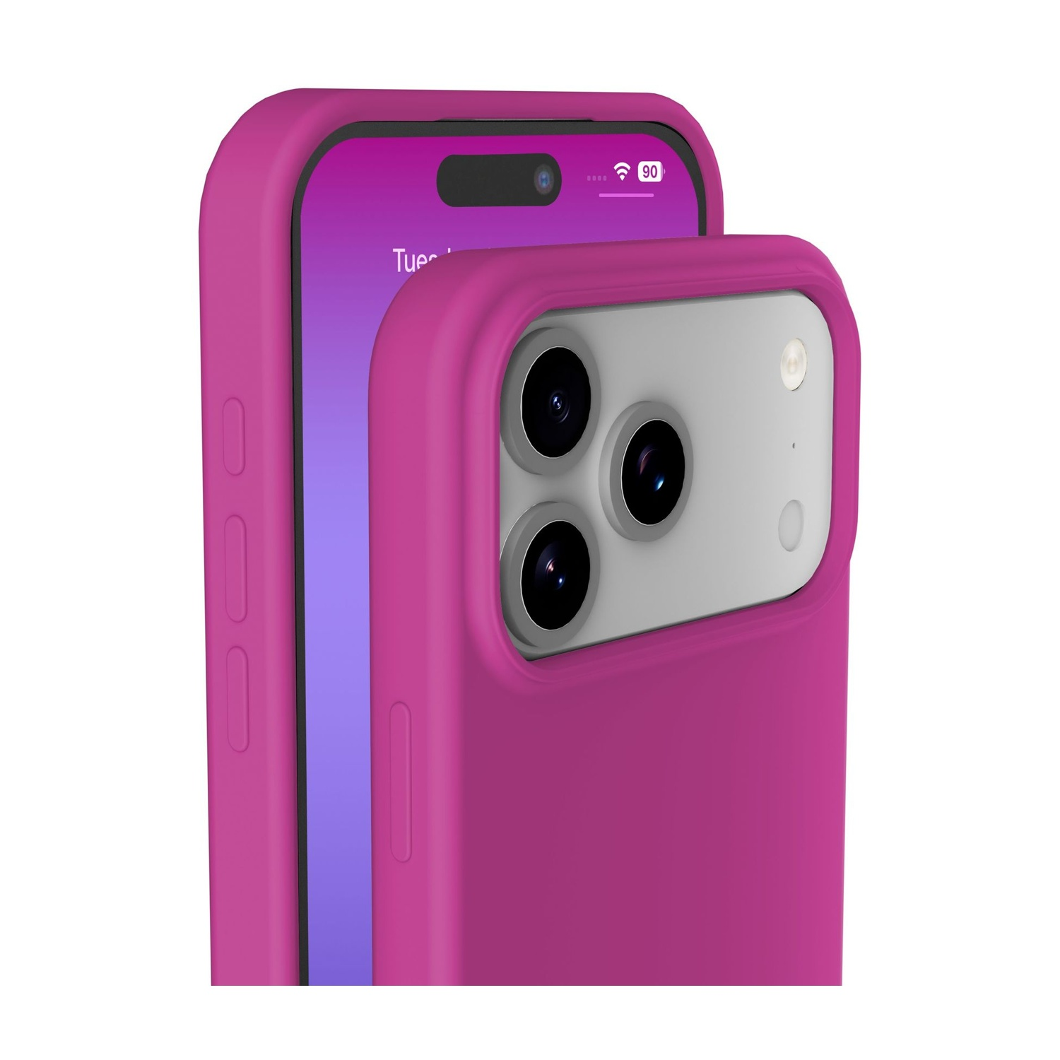 Primer plano de un teléfono rosa en una funda rosa. La pantalla muestra la hora y la duración de la batería.