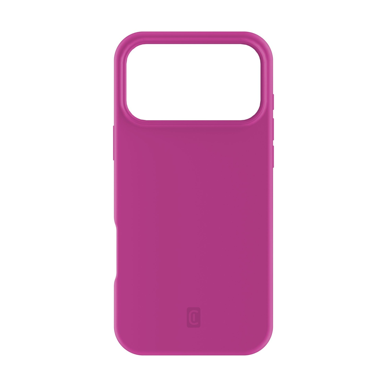 Una funda magenta para teléfono, con un recorte para la cámara en la parte superior. La esquina inferior derecha tiene un logotipo pequeño.